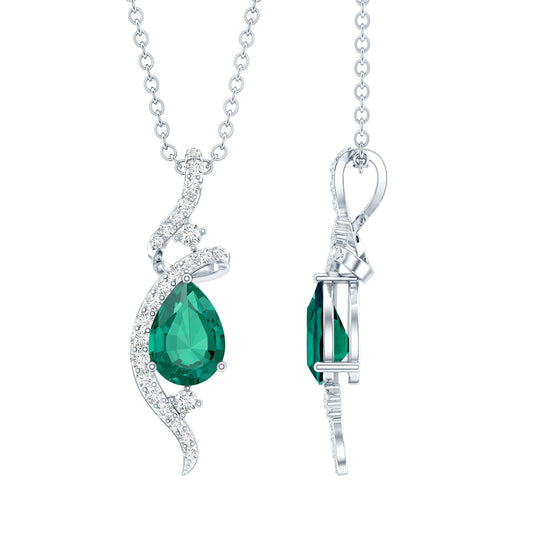 Designer 0.7 Carat Lab Grown Emerald Pear Shaped Necklace in Silver
