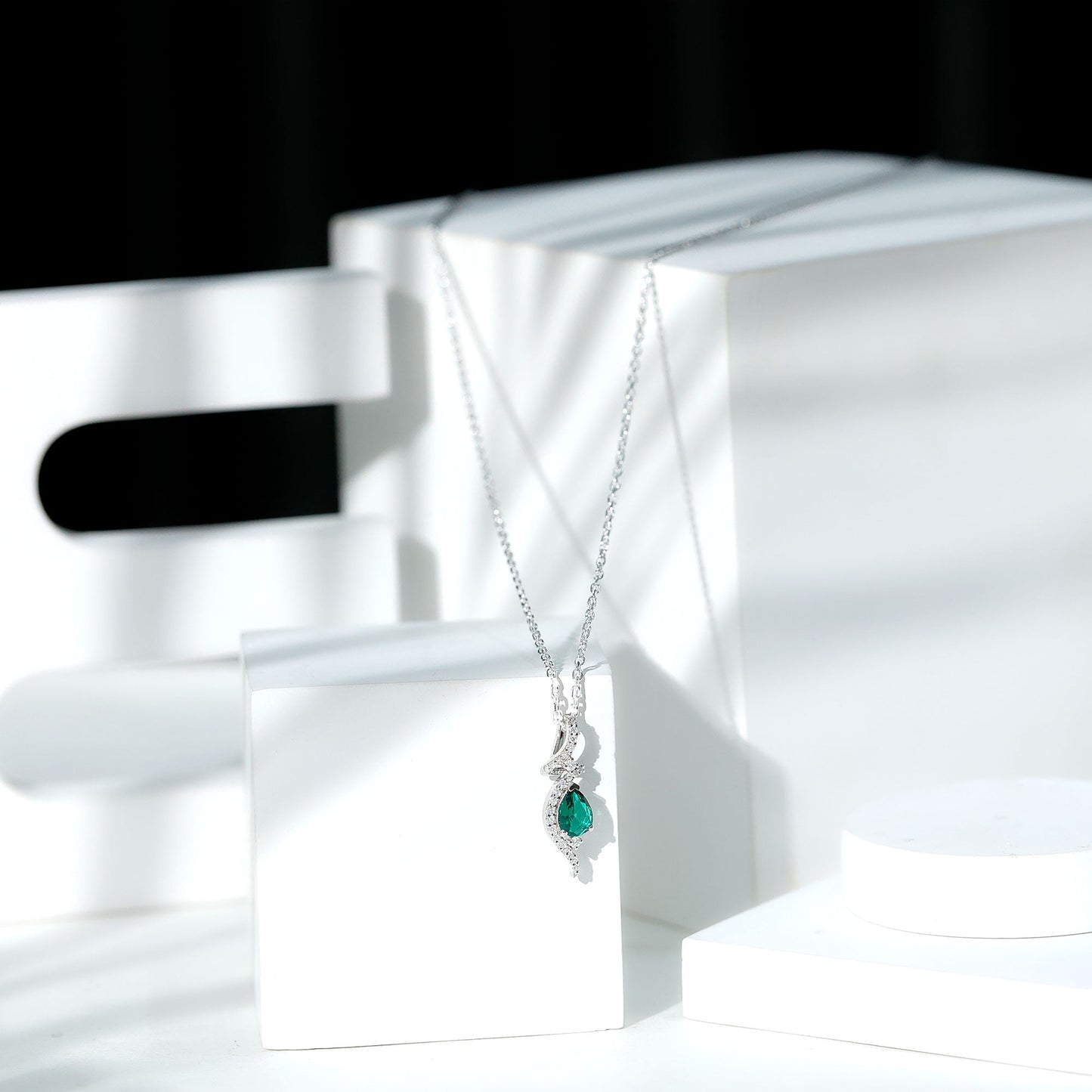 Designer 0.7 Carat Lab Grown Emerald Pear Shaped Necklace in Silver