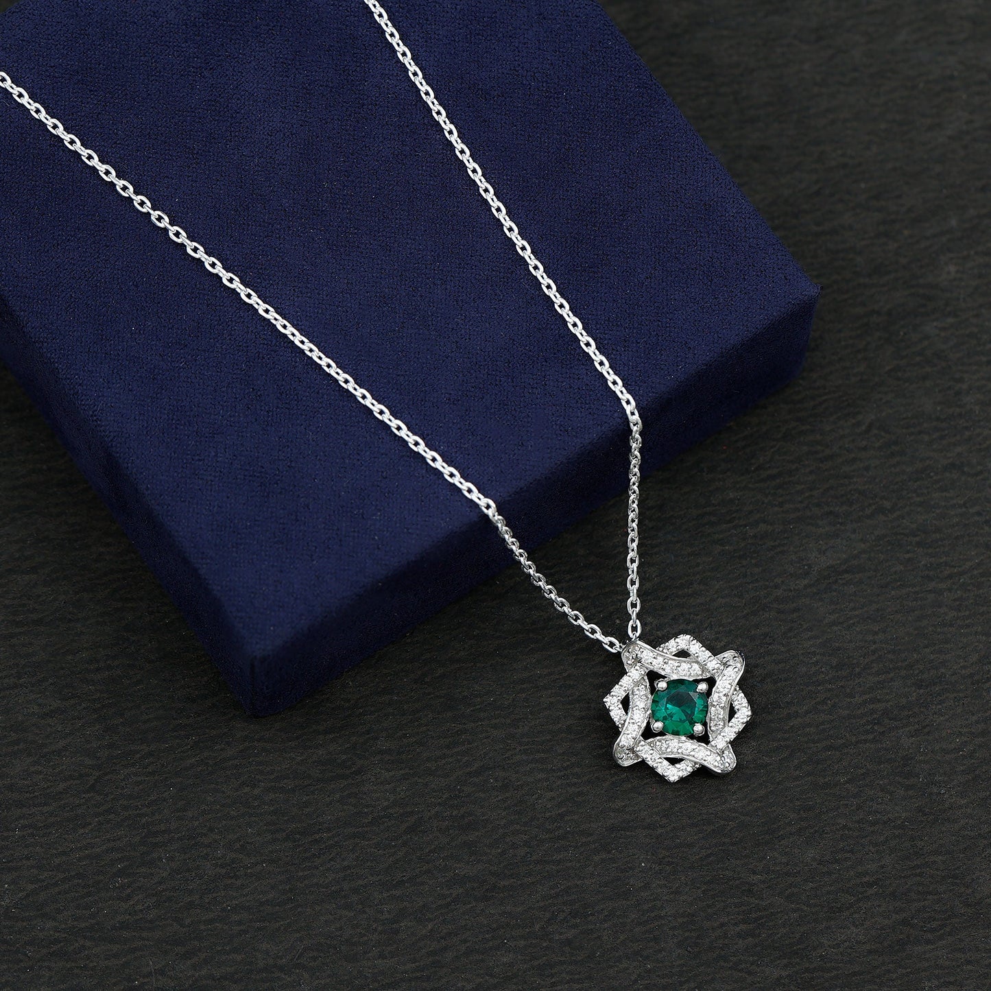 Certified 0.8 Carat Lab Grown Emerald Interlock Necklace with Silver Chain