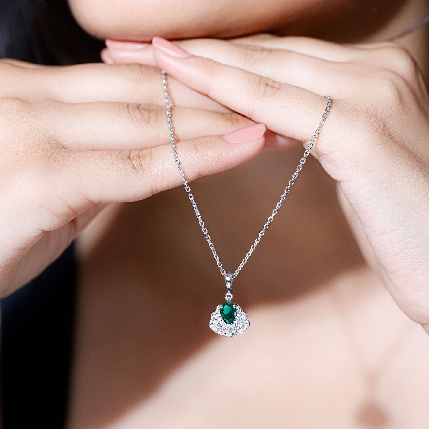 Sterling Silver Pear Shape Lab Emerald Statement Necklace for Wedding