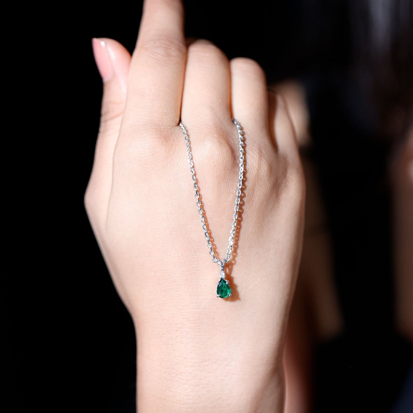 Certified 0.7 Carat Lab Grown Emerald Teardrop Necklace with Silver Chain