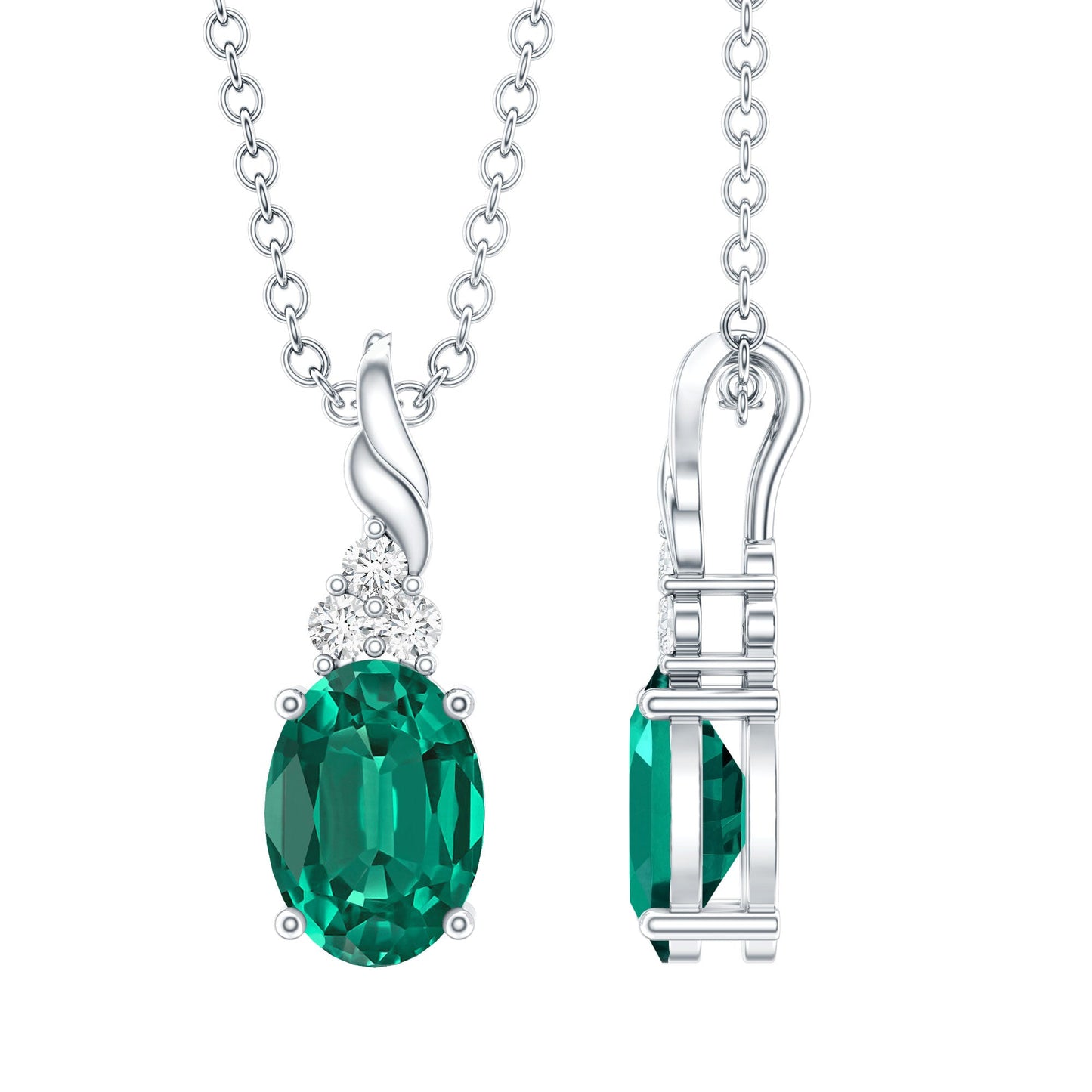 Sterling Silver 0.8 Carat Lab Grown Emerald Solitaire Necklace with Chain
