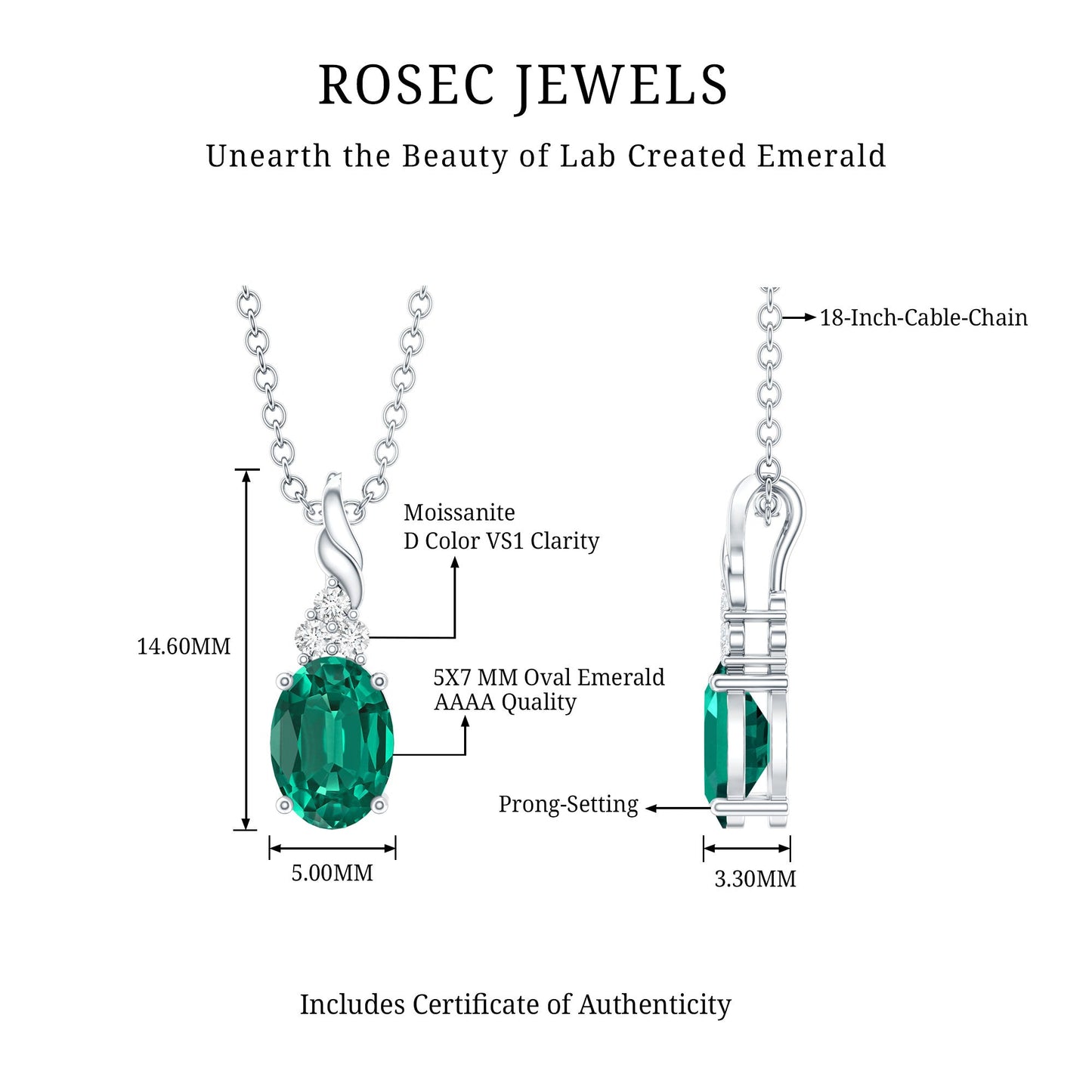 Sterling Silver 0.8 Carat Lab Grown Emerald Solitaire Necklace with Chain