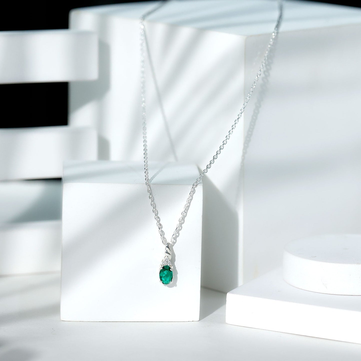Sterling Silver 0.8 Carat Lab Grown Emerald Solitaire Necklace with Chain
