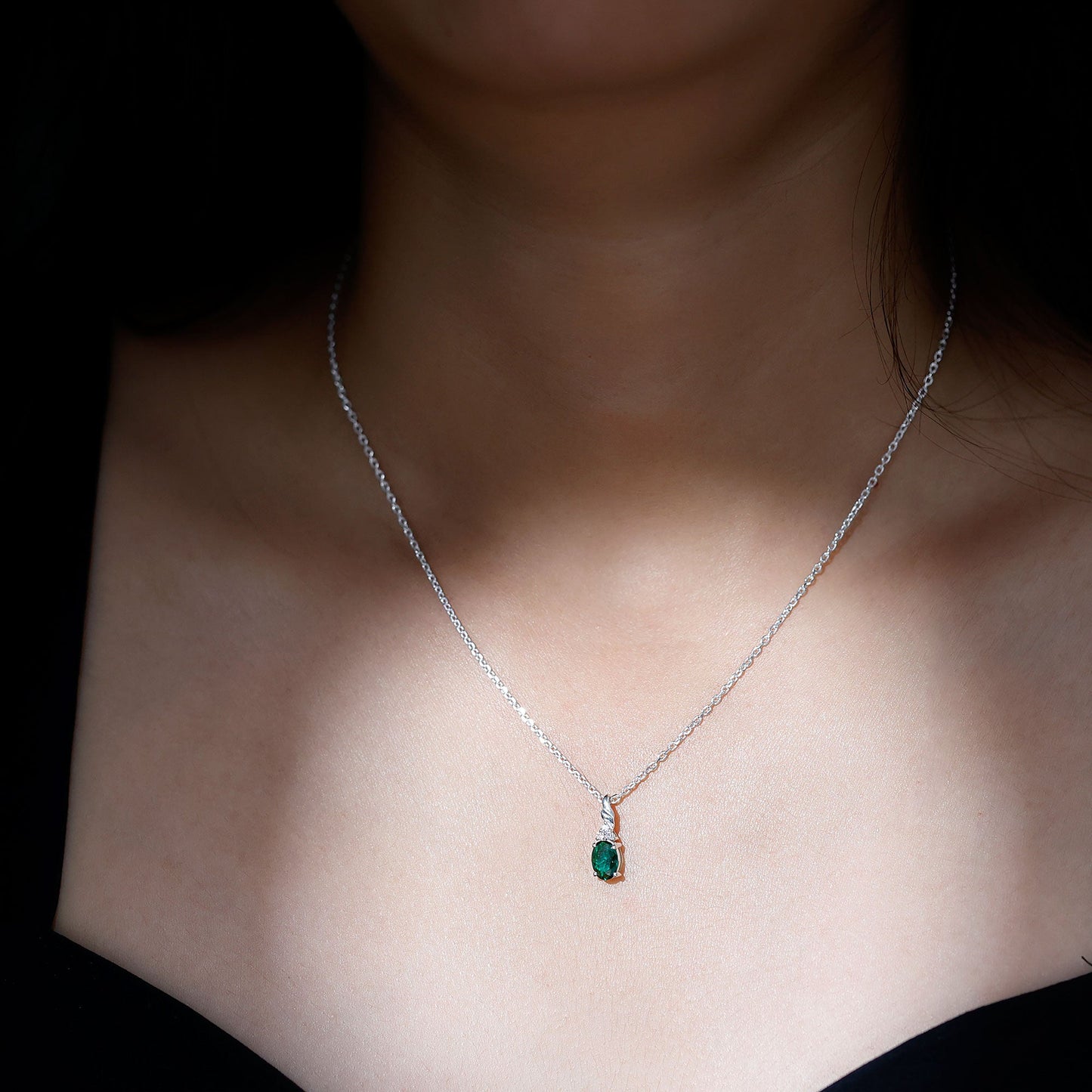 Sterling Silver 0.8 Carat Lab Grown Emerald Solitaire Necklace with Chain