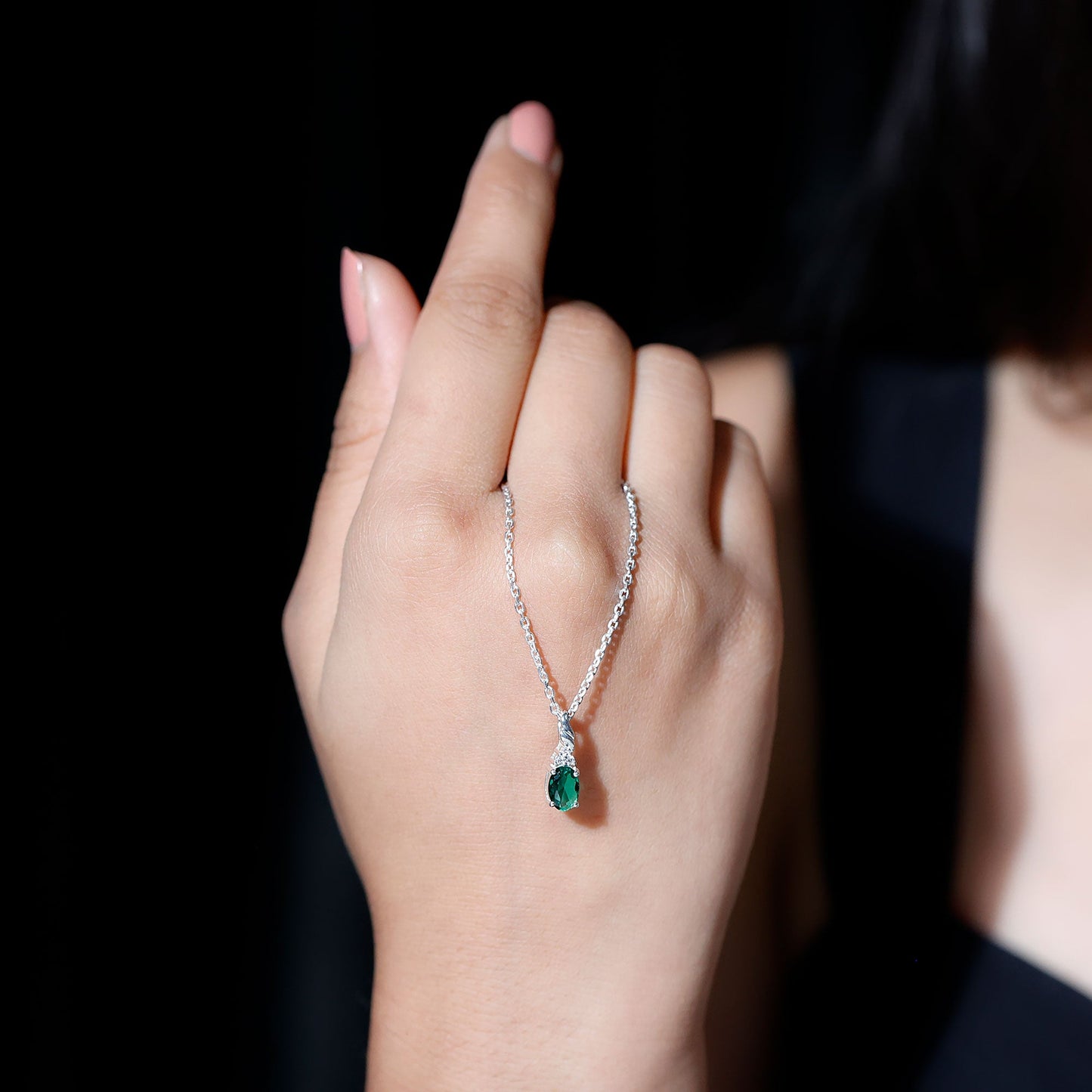 Sterling Silver 0.8 Carat Lab Grown Emerald Solitaire Necklace with Chain
