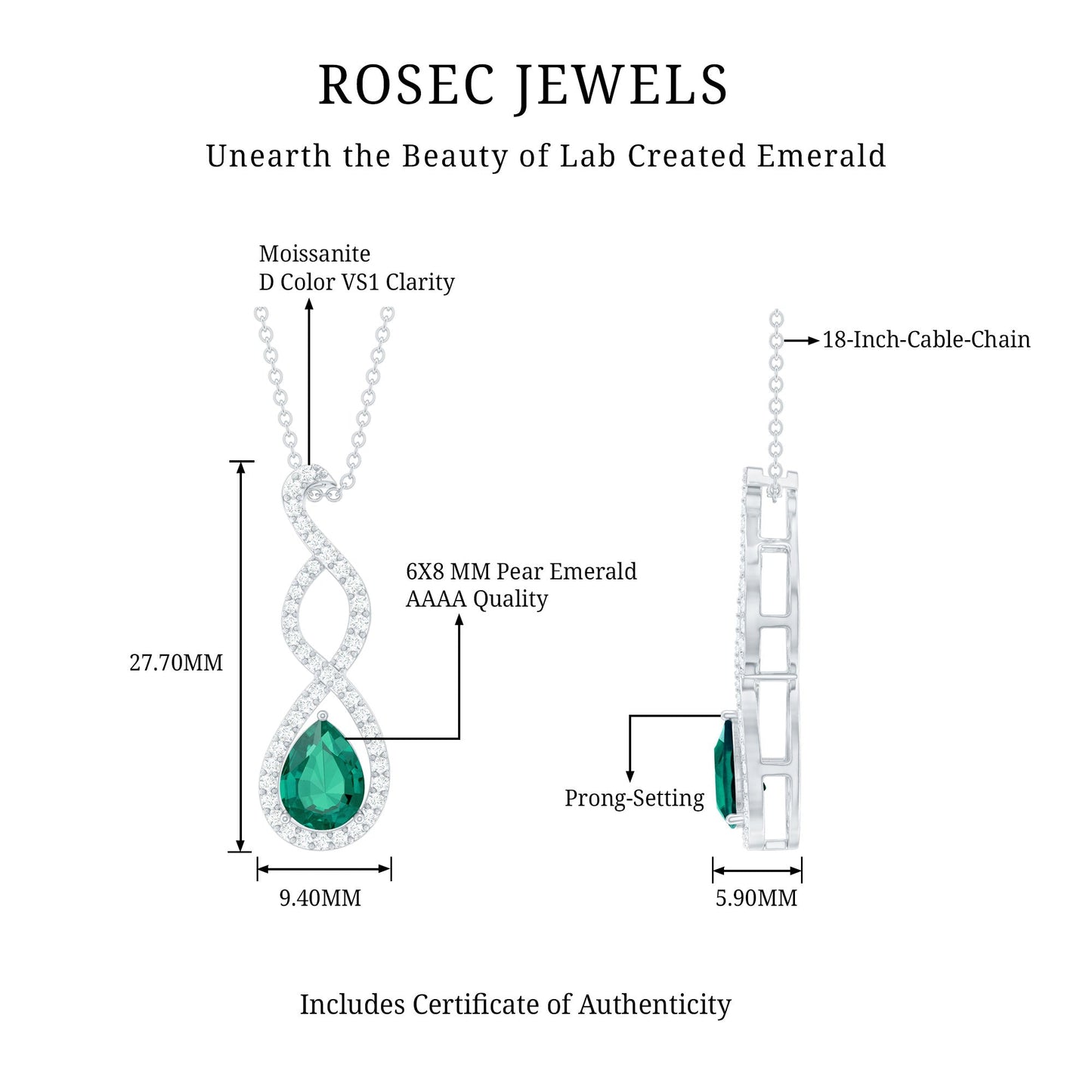 Womens Lab Grown Emerald Infinity Necklace with Silver Chain