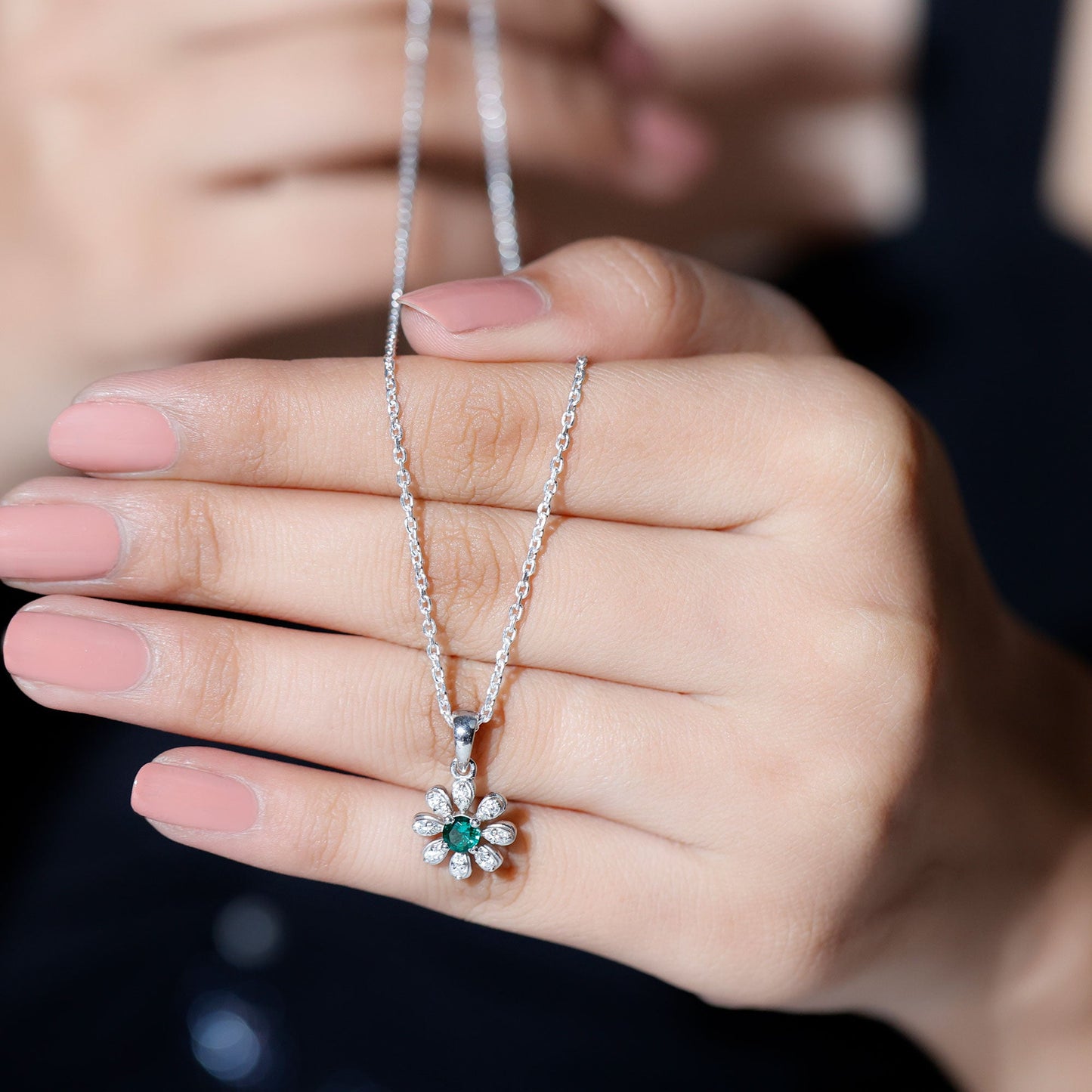 Lab Grown Emerald Flower Pendant Necklace with Silver Chain