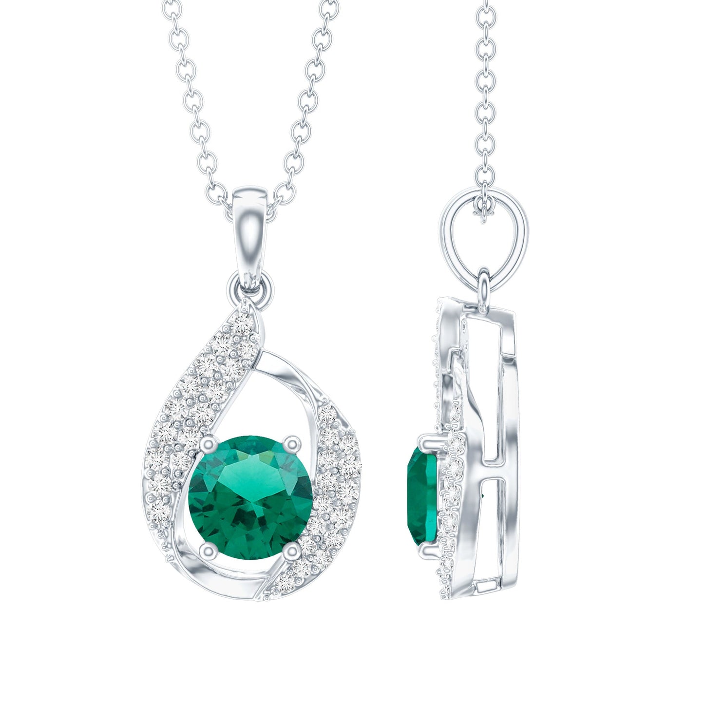 Certified 0.8 Carat Lab Grown Emerald Drop Necklace with Silver Chain
