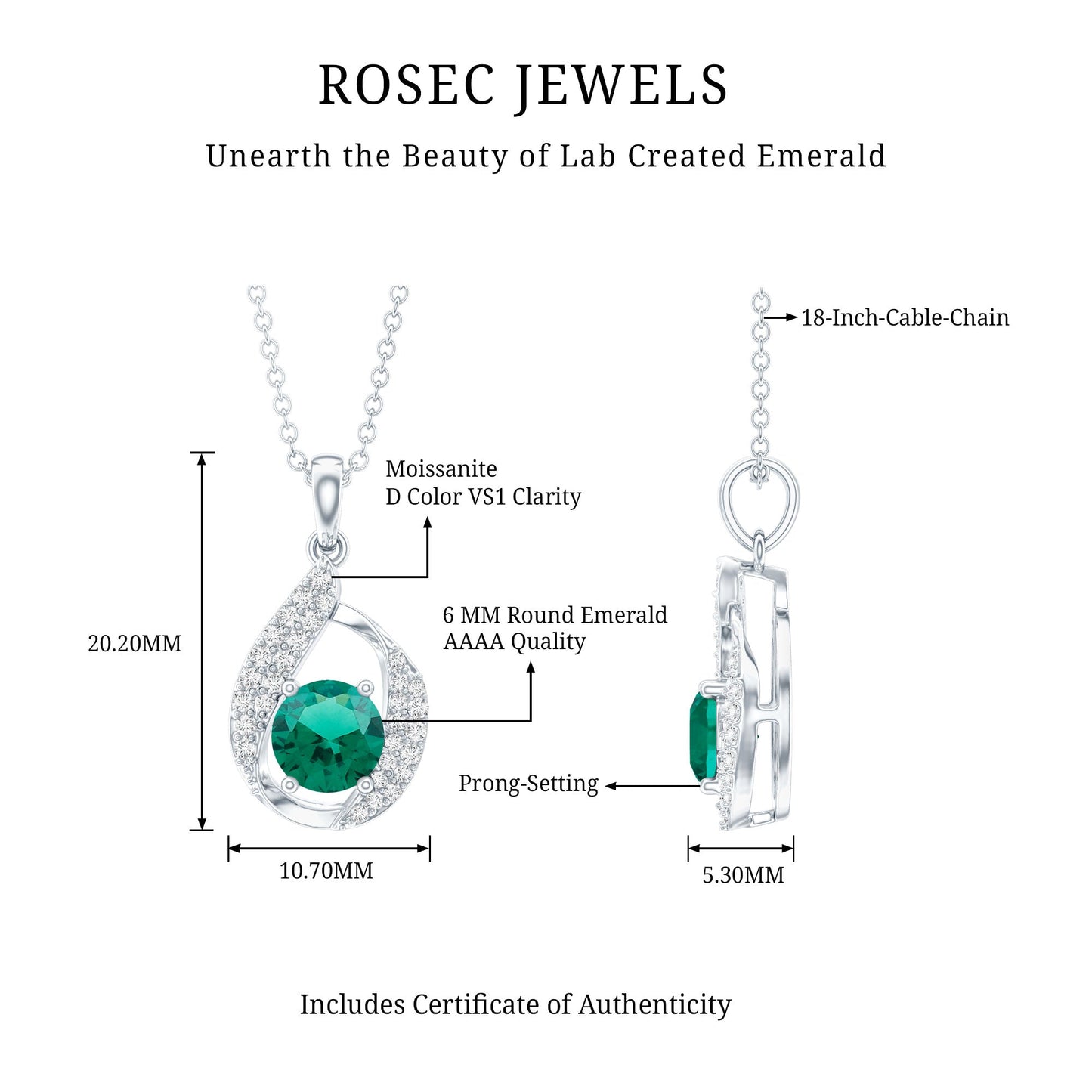 Certified 0.8 Carat Lab Grown Emerald Drop Necklace with Silver Chain