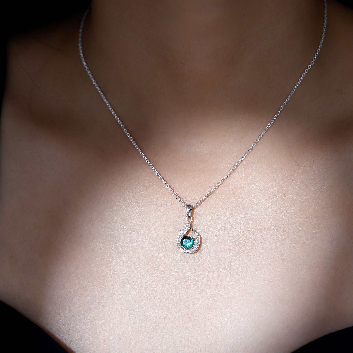 Certified 0.8 Carat Lab Grown Emerald Drop Necklace with Silver Chain