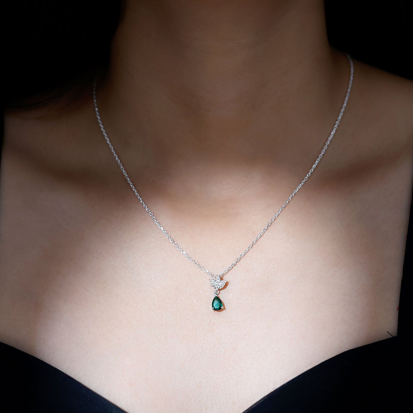 Sterling Silver 0.7 Carat Lab Grown Emerald Teardrop Necklace with Moissanite Lotus Flower
