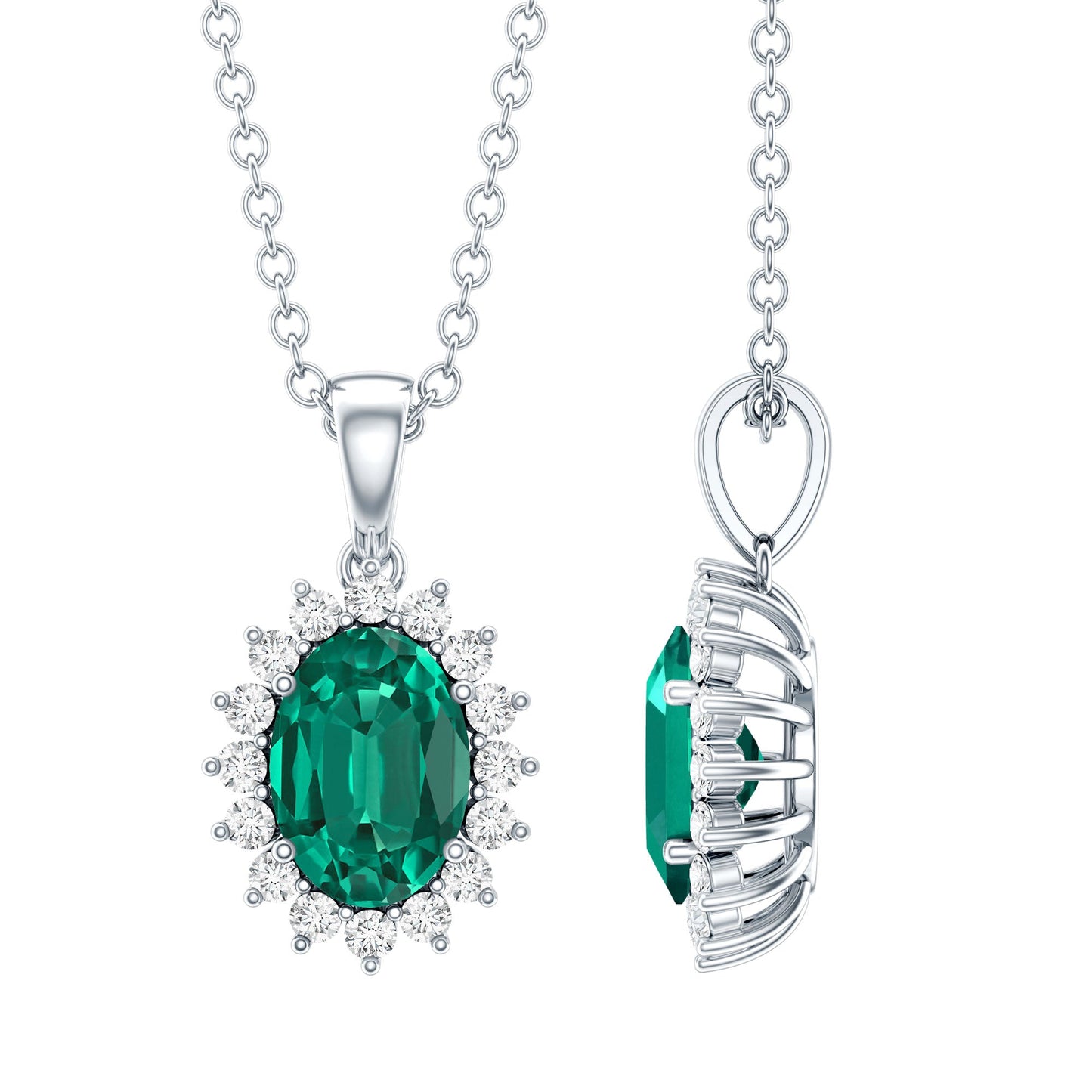 Certified 0.85 Carat Lab Grown Emerald Oval Necklace with Chain