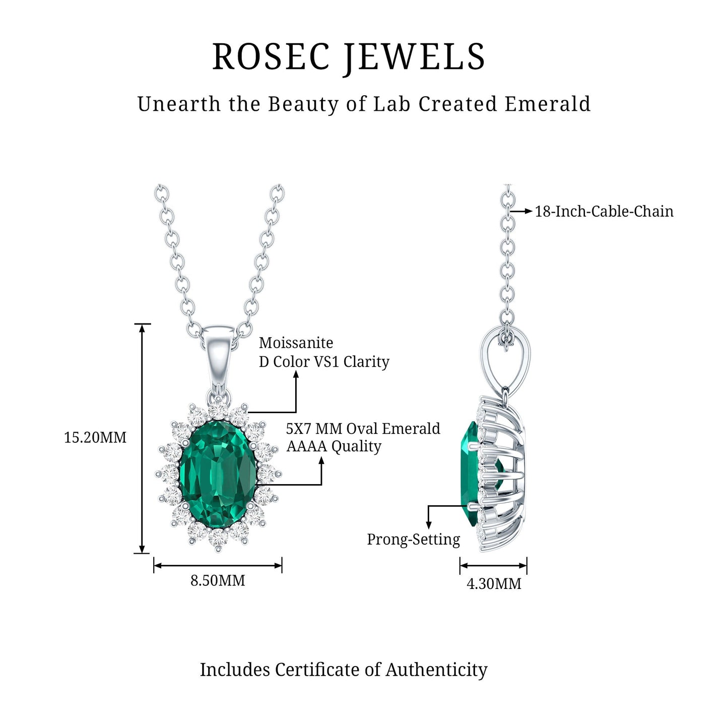 Certified 0.85 Carat Lab Grown Emerald Oval Necklace with Chain
