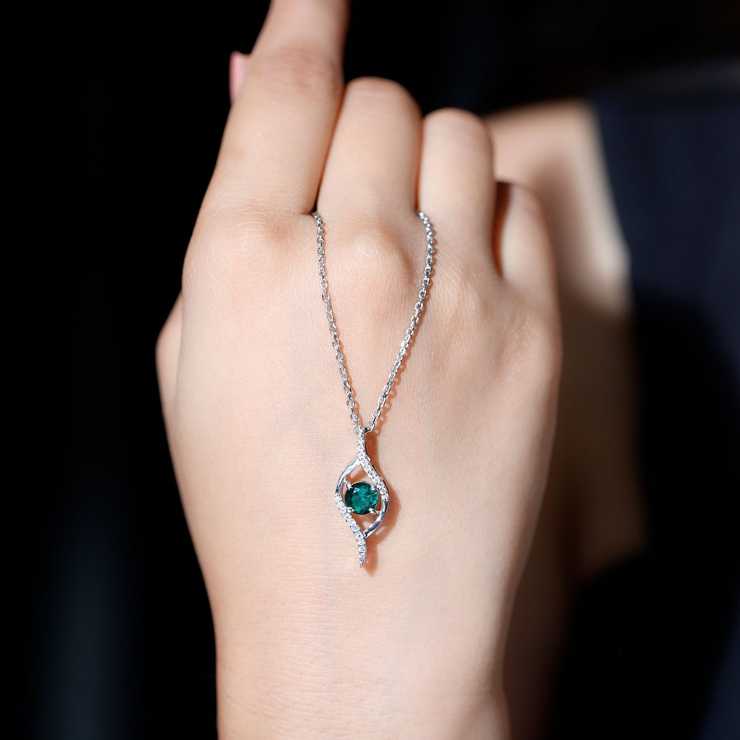 Certified 0.8 Carat Lab Grown Emerald Leaf Necklace with Silver Chain
