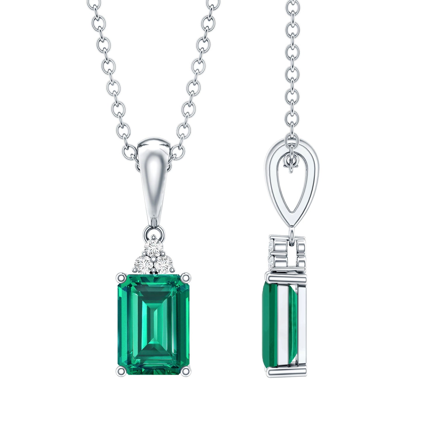 1.68 Carat Emerald Cut Lab Grown Emerald Solitaire Necklace With Silver Chain