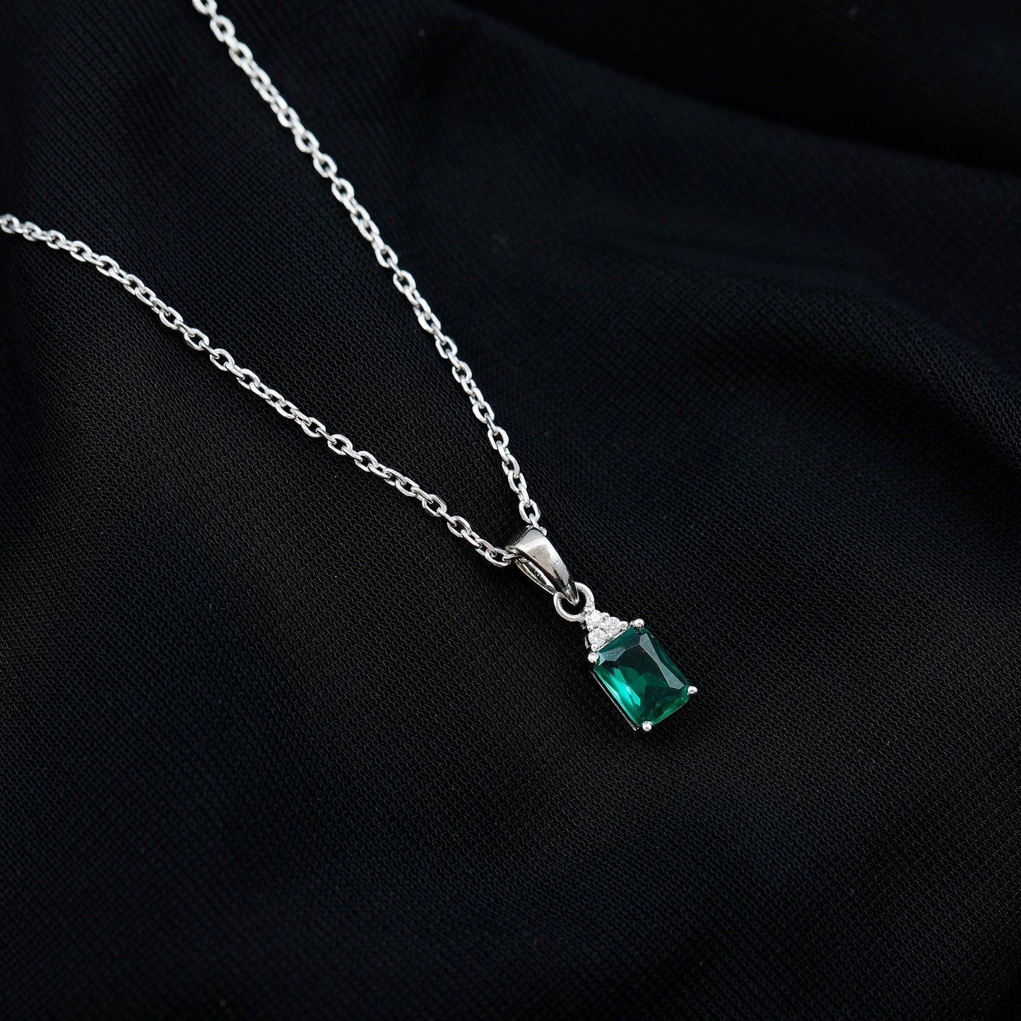 1.68 Carat Emerald Cut Lab Grown Emerald Solitaire Necklace With Silver Chain