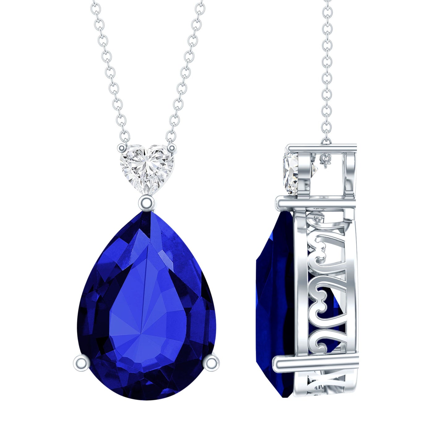 Certified 9 Carat Pear Shape Lab Grown Blue Sapphire Necklace With Silver Chain