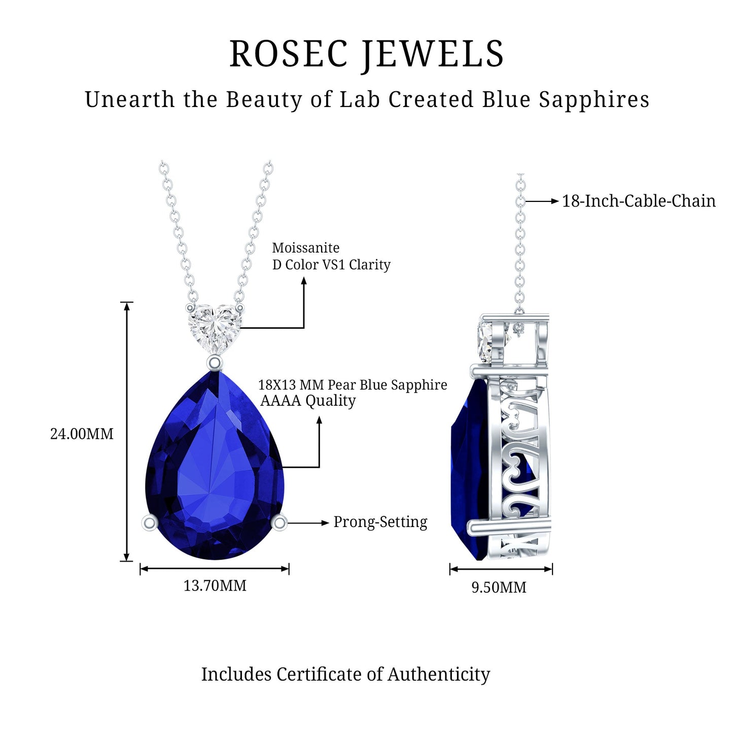 Certified 9 Carat Pear Shape Lab Grown Blue Sapphire Necklace With Silver Chain