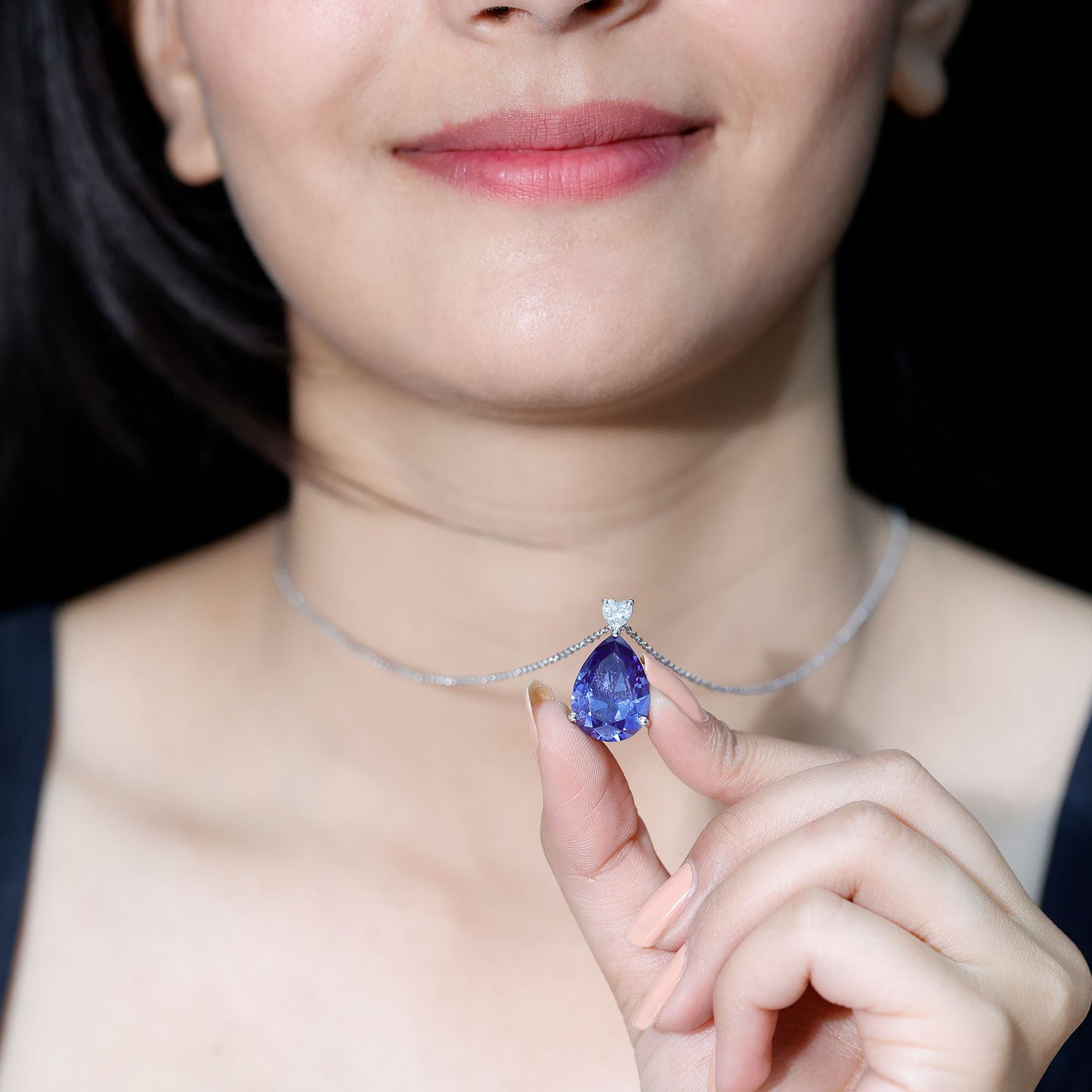 Certified 9 Carat Pear Shape Lab Grown Blue Sapphire Necklace With Silver Chain