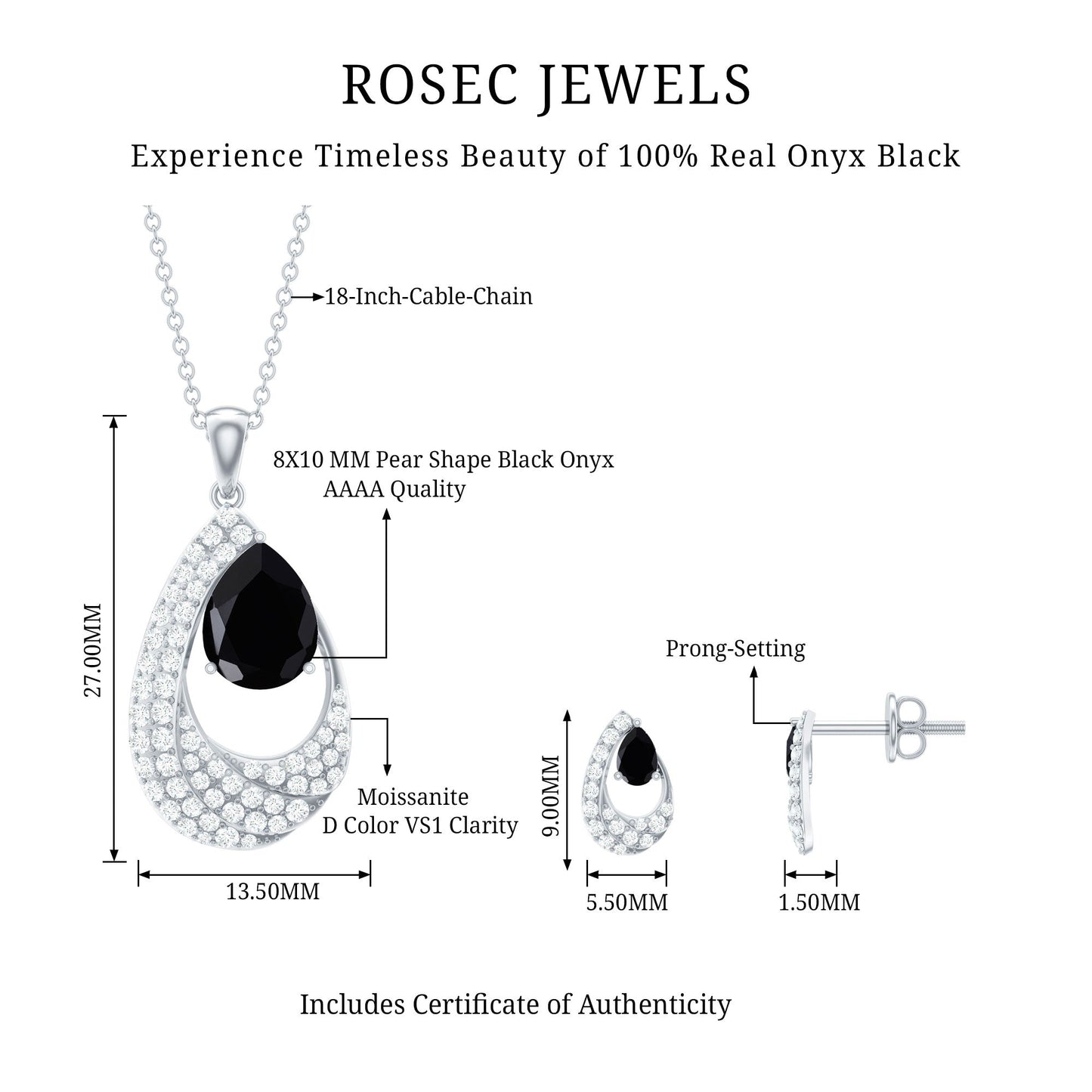 Natural 3 Carat Black Onyx Teardrop Necklace and Earrings Set with Certificate