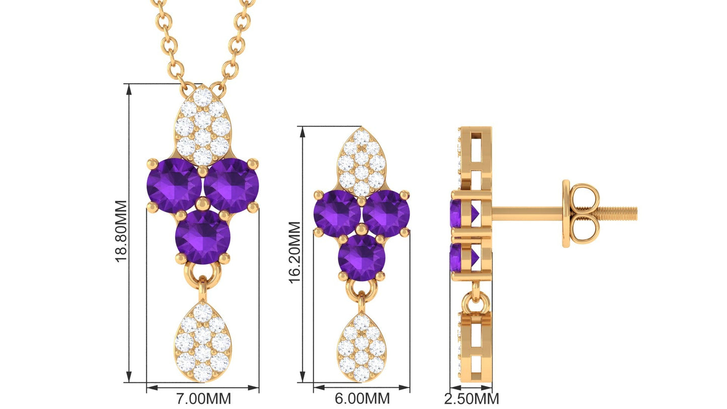 Unique Amethyst and Diamond Dangle Pendant Earrings Set