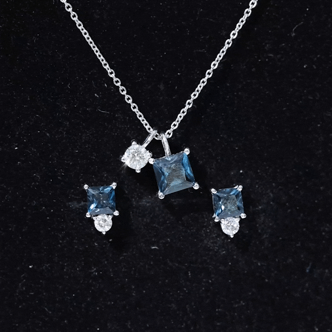 3 Carat London Blue Topaz and Moissanite Two Stone Pendant Earrings Set