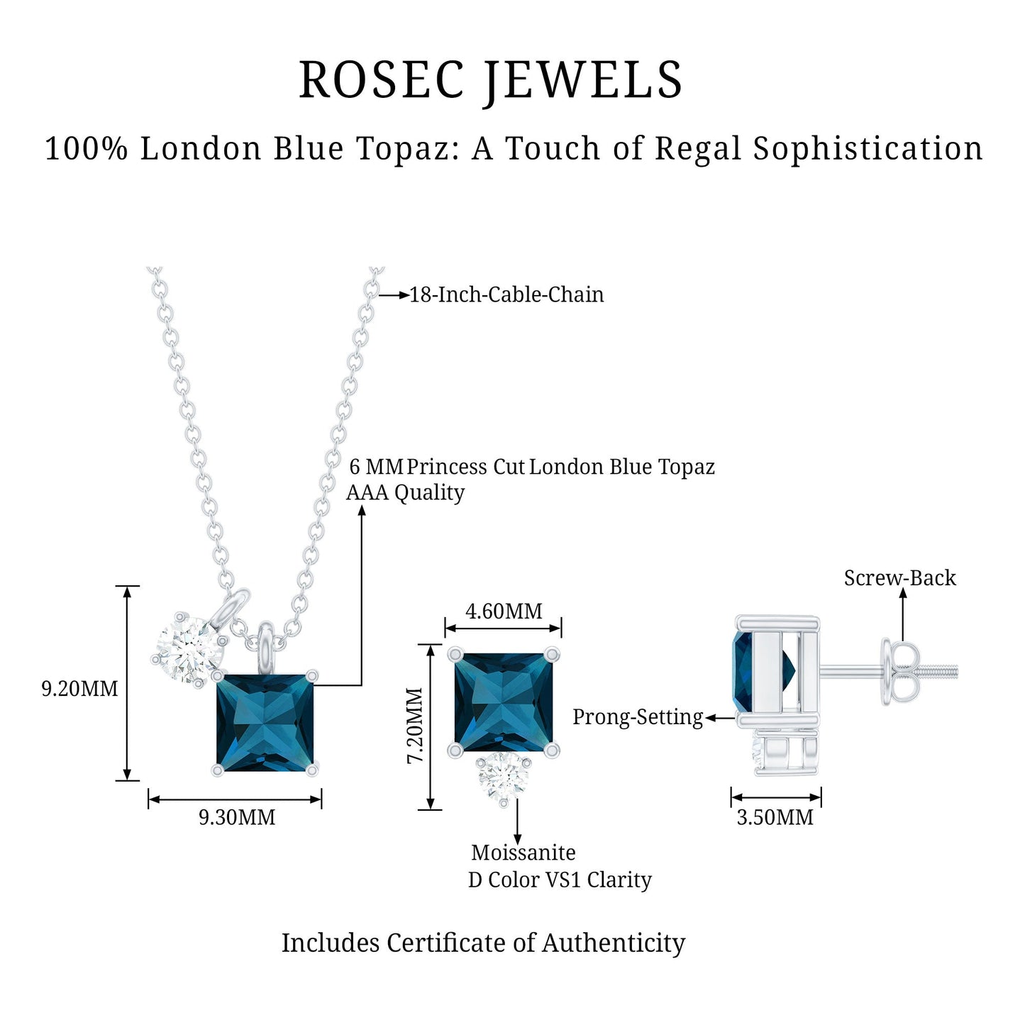 3 Carat London Blue Topaz and Moissanite Two Stone Pendant Earrings Set
