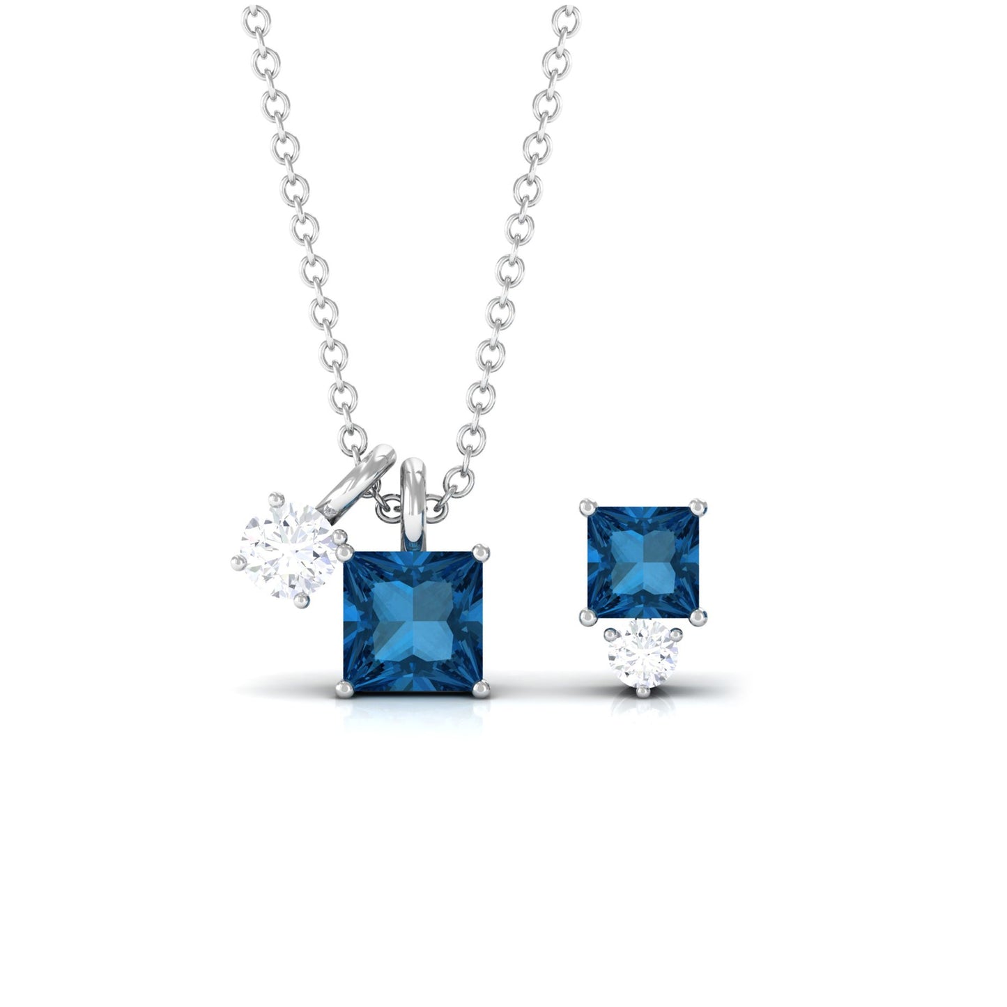 3 Carat London Blue Topaz and Moissanite Two Stone Pendant Earrings Set