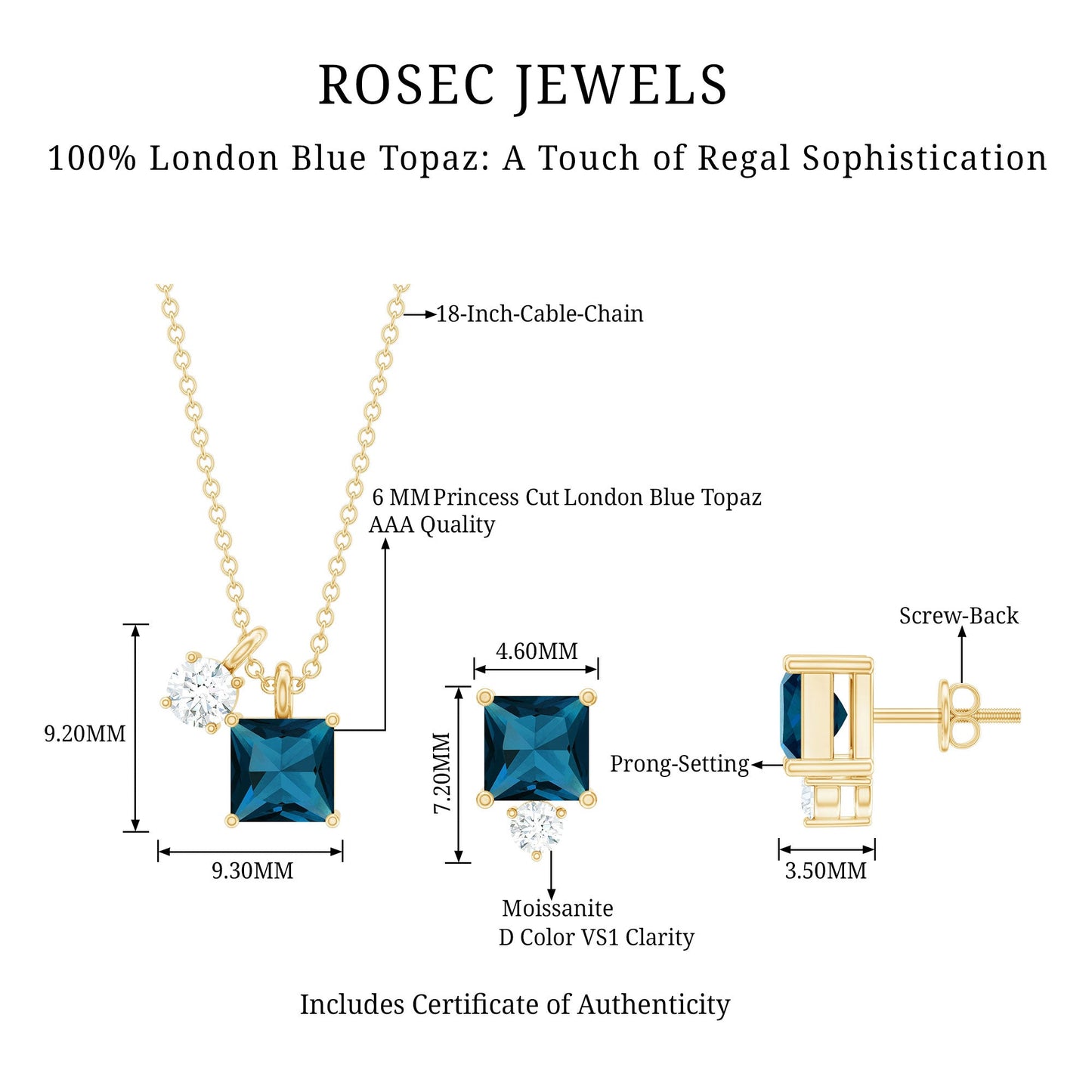 3 Carat London Blue Topaz and Moissanite Two Stone Pendant Earrings Set