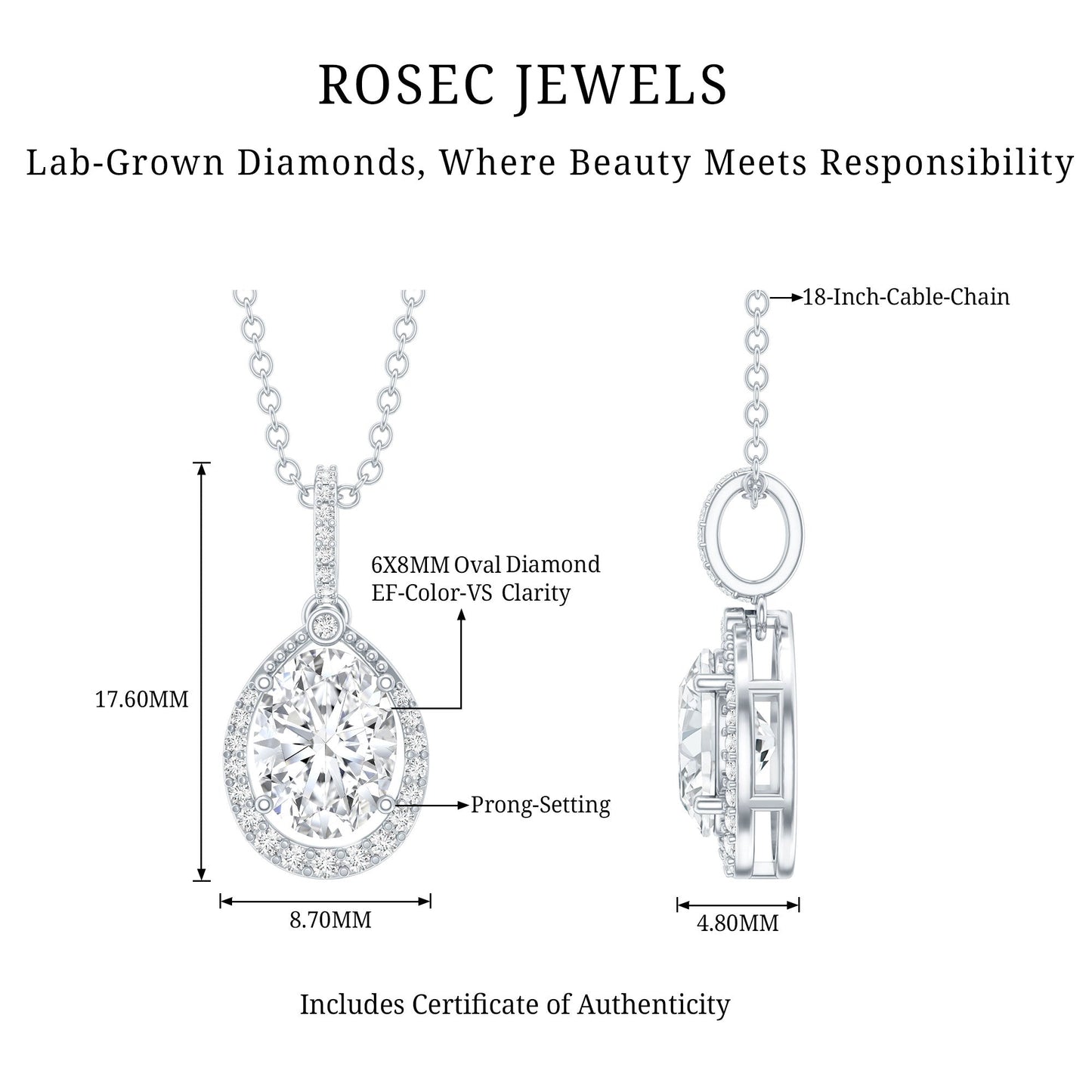 6X8 MM Oval Lab Grown Diamond Teardrop Halo Necklace For Women