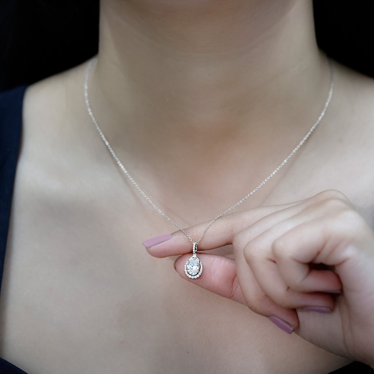 6X8 MM Oval Lab Grown Diamond Teardrop Halo Necklace For Women