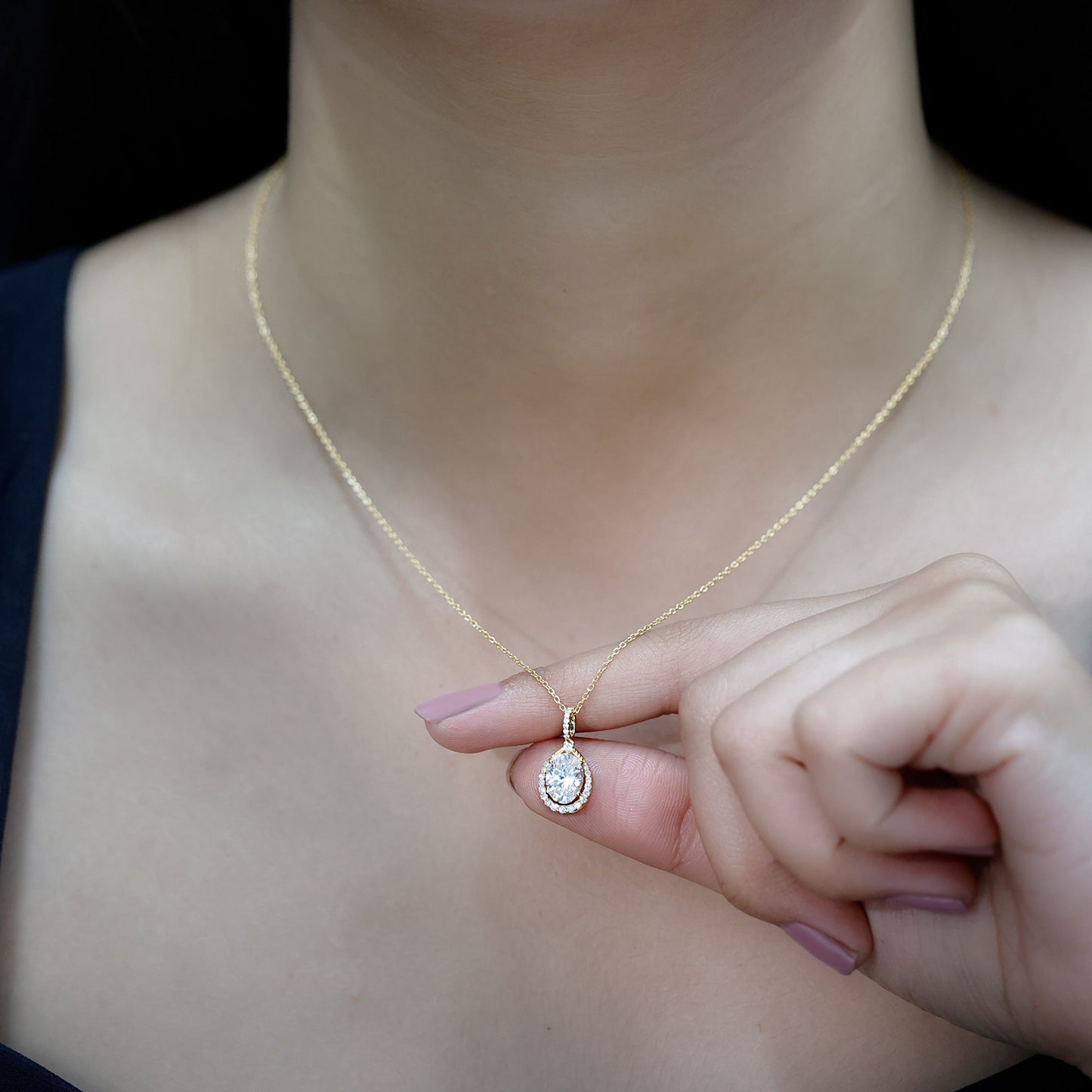 6X8 MM Oval Lab Grown Diamond Teardrop Halo Necklace For Women