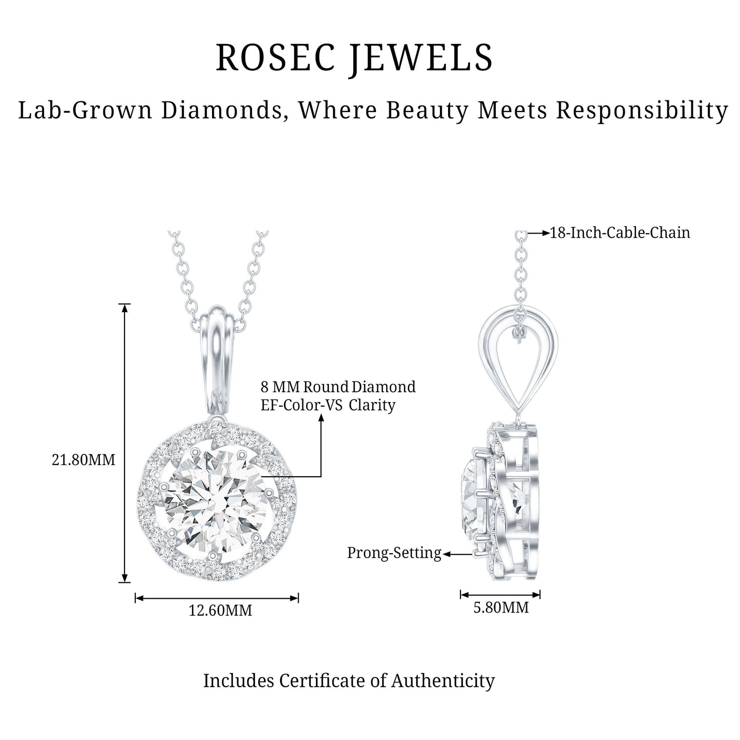 Certified 8 MM Lab Grown Diamond Halo Necklace