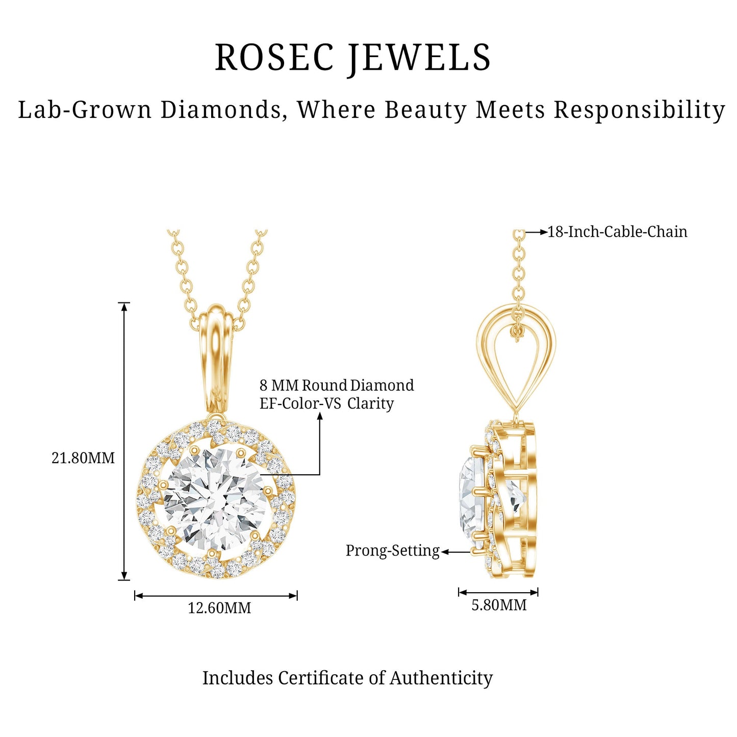 Certified 8 MM Lab Grown Diamond Halo Necklace
