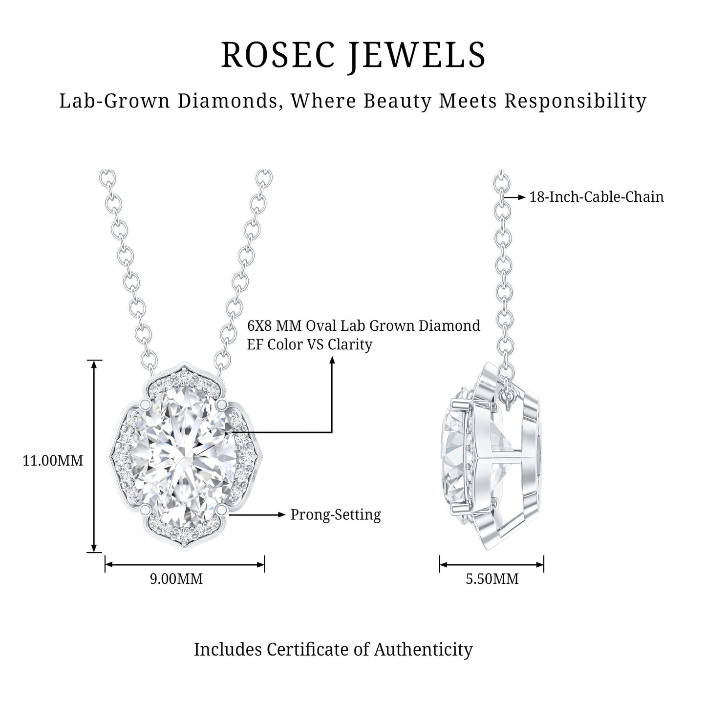 6X8 MM Oval Shape Lab Grown Diamond Vintage Flower Necklace