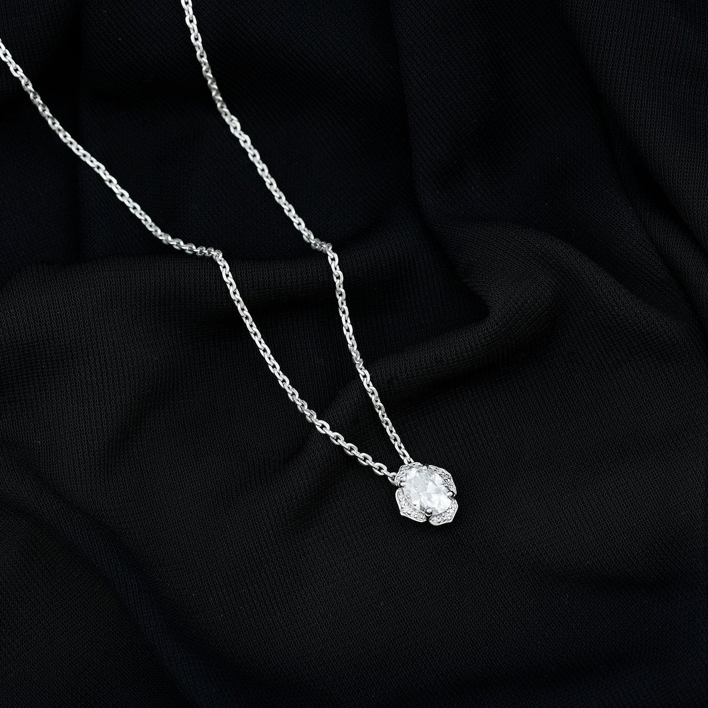 6X8 MM Oval Shape Lab Grown Diamond Vintage Flower Necklace