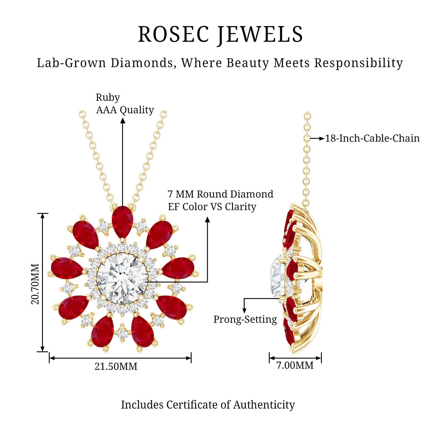 7 MM Lab Grown Diamond Flower Statement Necklace with Ruby
