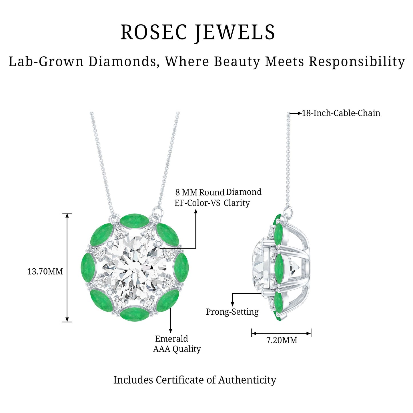 8 MM Lab Grown Diamond Bridal Necklace With Emerald