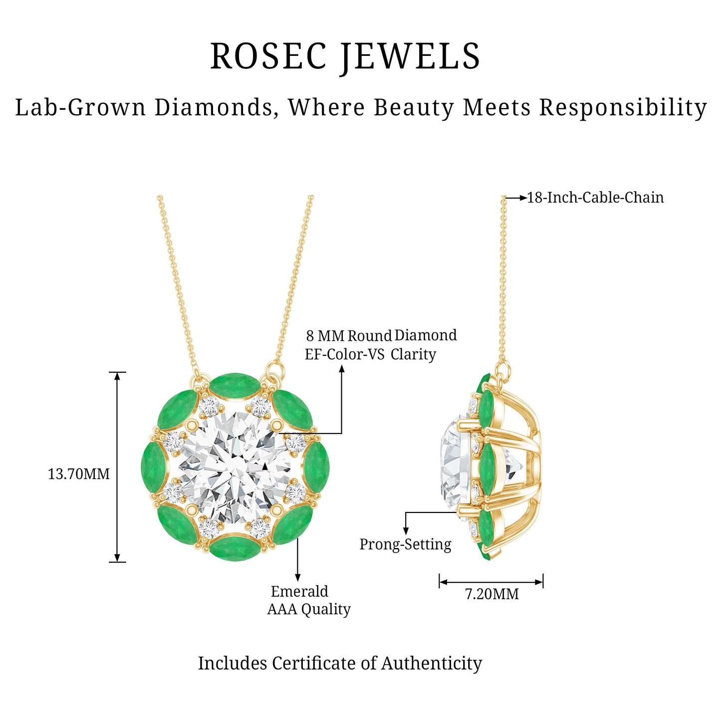 8 MM Lab Grown Diamond Bridal Necklace With Emerald