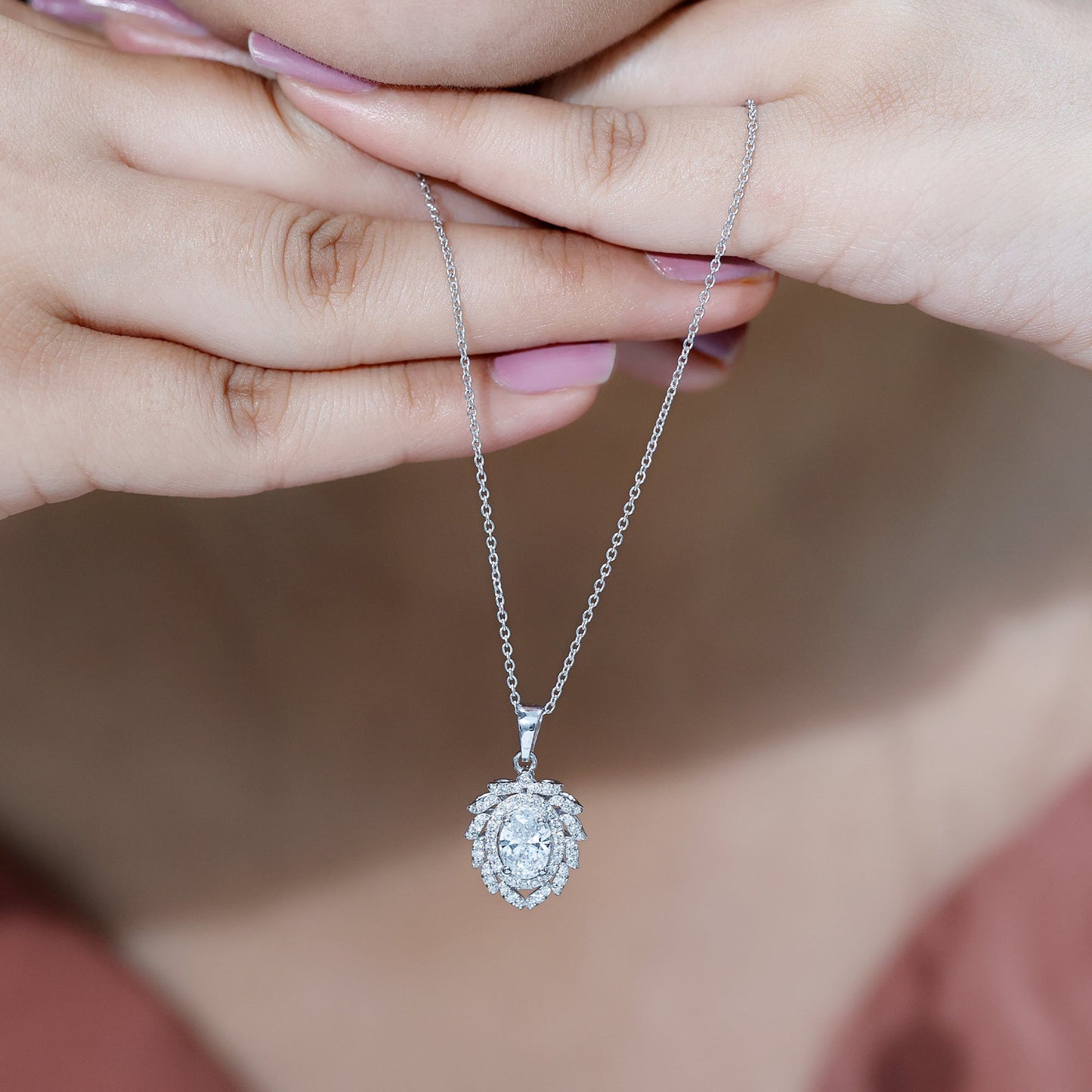 6X8 MM Oval Lab Grown Diamond Vintage Necklace With Double Halo