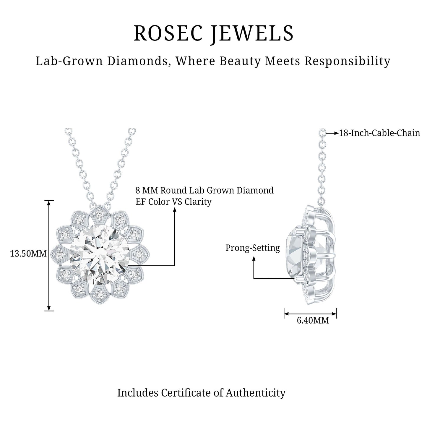 Certified 8 MM Lab Grown Diamond Cocktail Necklace For Women