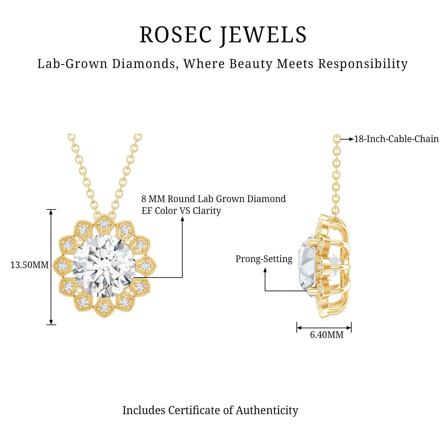 Certified 8 MM Lab Grown Diamond Cocktail Necklace For Women