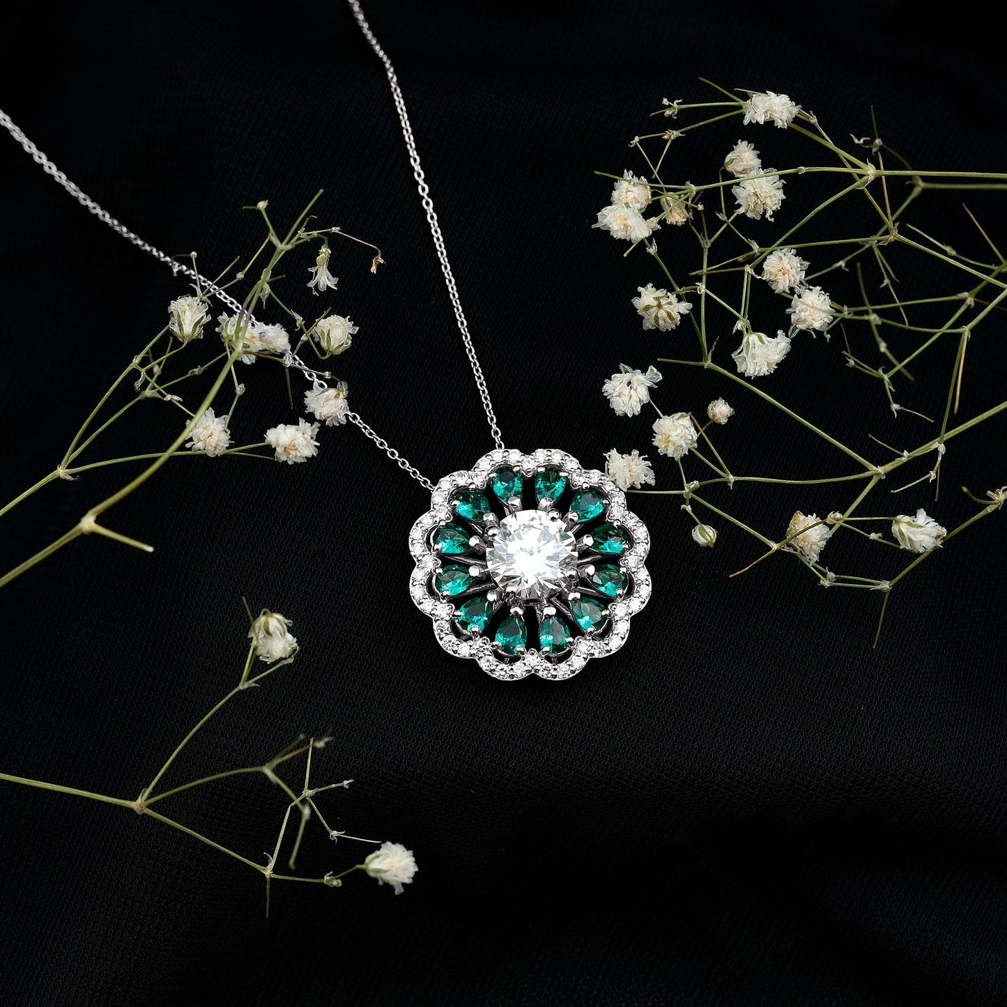 9 MM Lab Grown Diamond Flower Bridal Necklace With Emerald