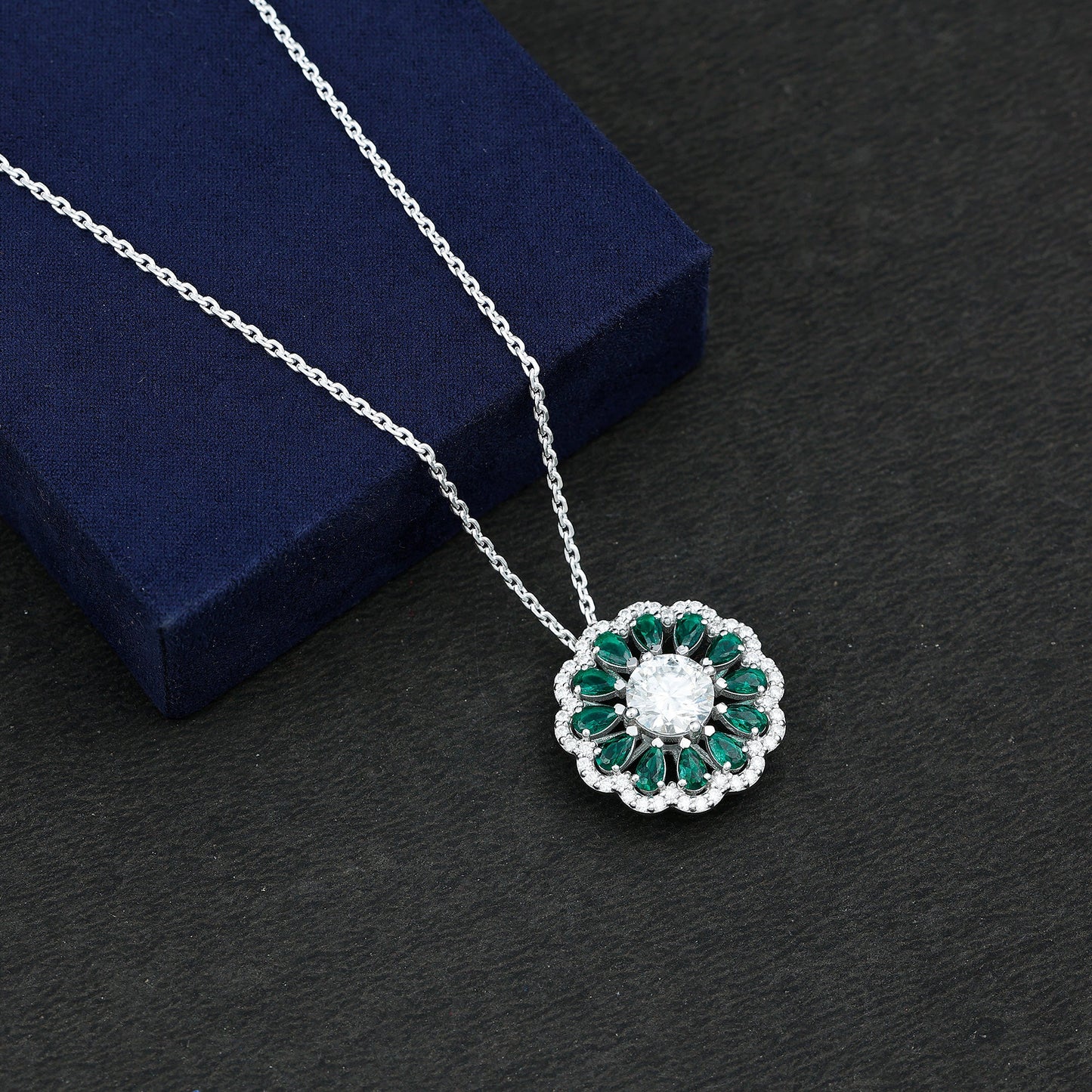 9 MM Lab Grown Diamond Flower Bridal Necklace With Emerald