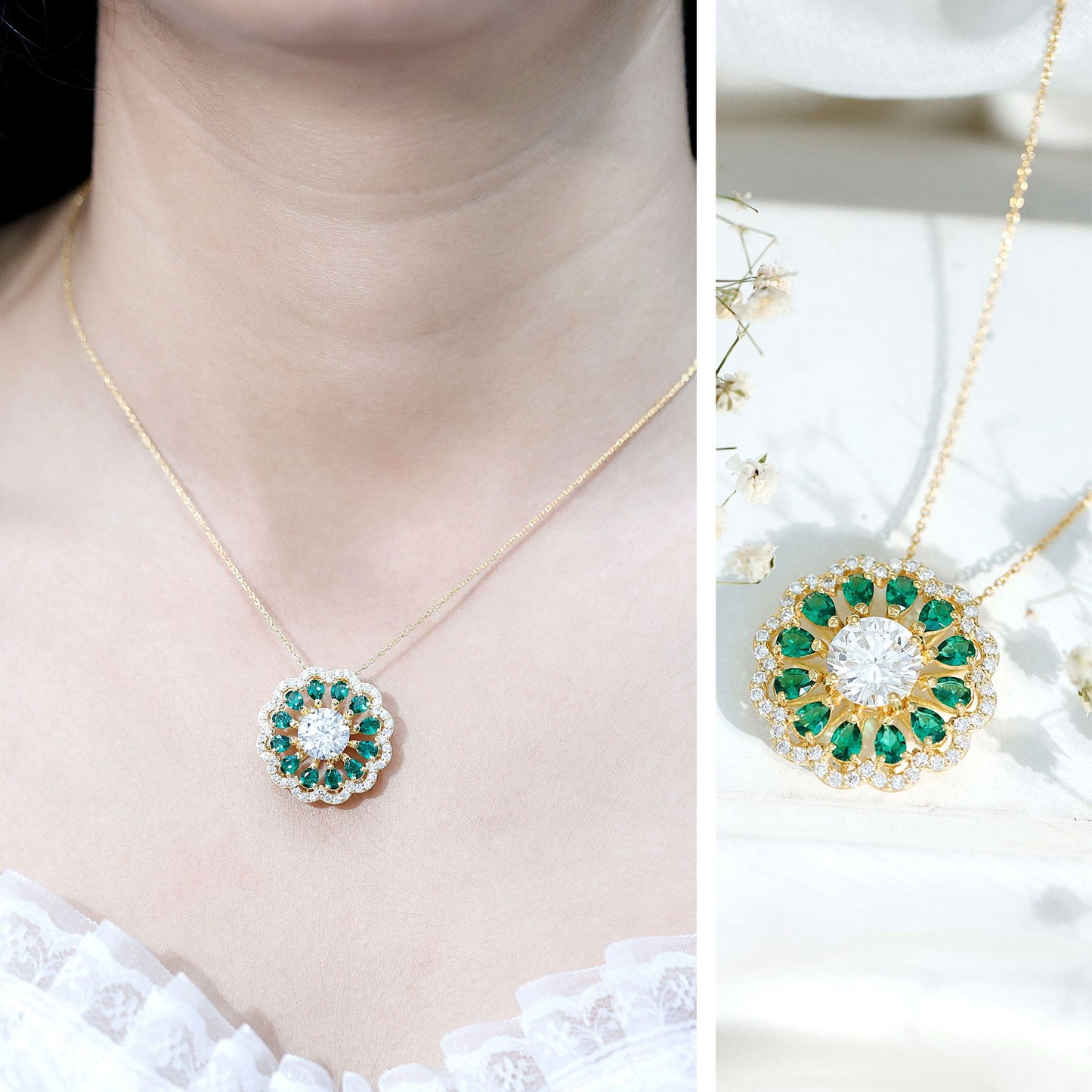 9 MM Lab Grown Diamond Flower Bridal Necklace With Emerald