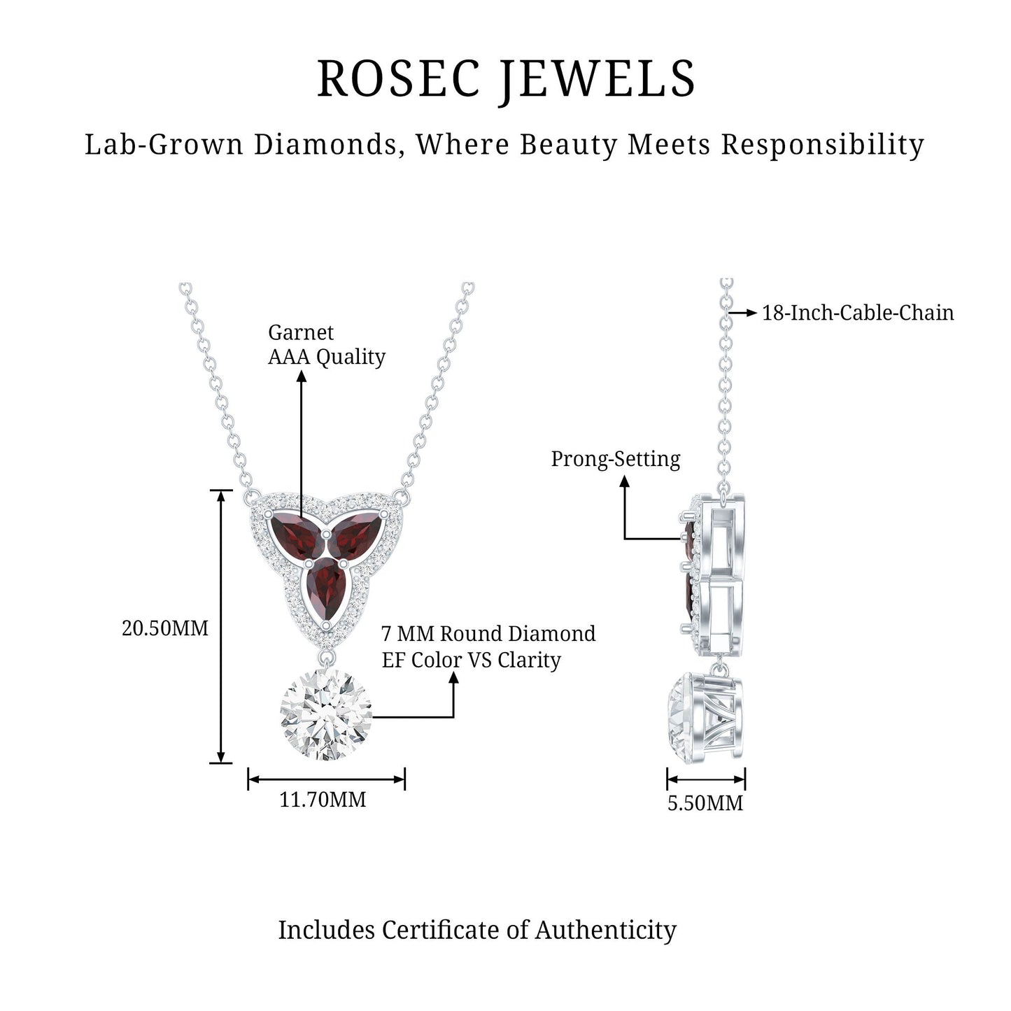 1 Carat Lab Grown Diamond Dangle Necklace With Garnet