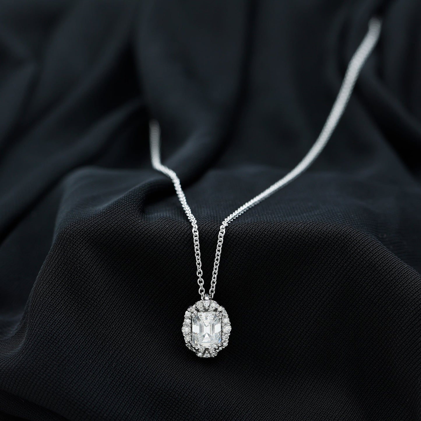 Certified 6X8 MM Emerald Cut Lab Grown Diamond Statement Necklace With Halo