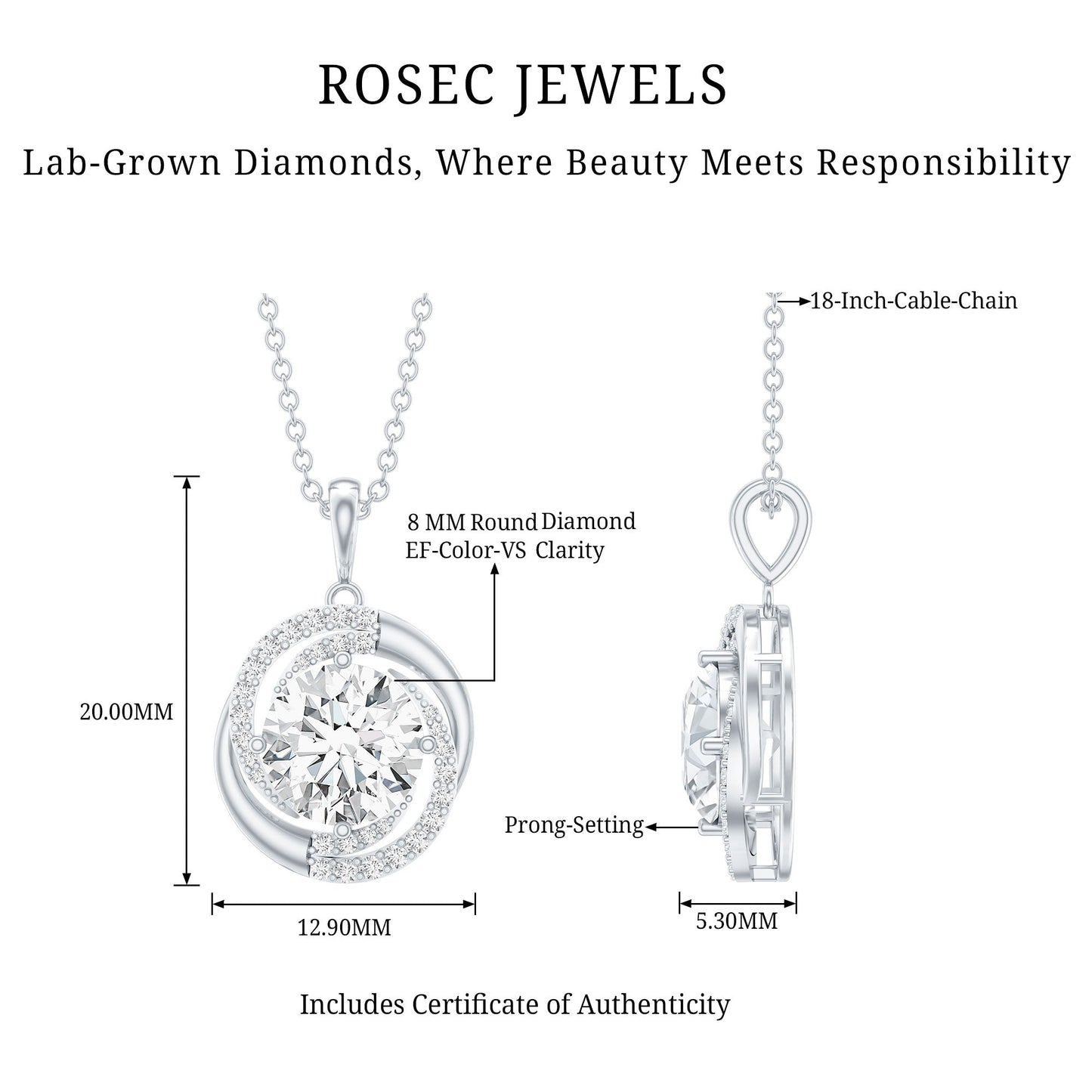 Prong Set 8 MM Round Lab Grown Diamond Swirl Pendant Necklace