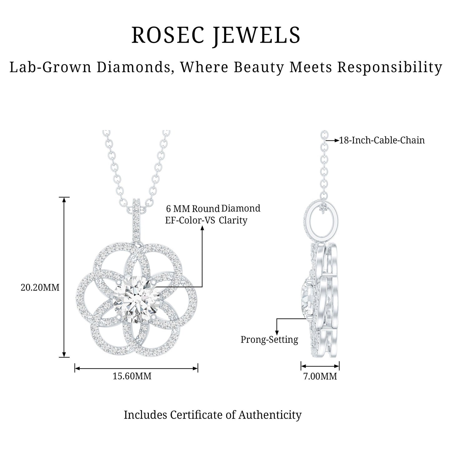 Lab 6 MM Round Diamond Flower Bridal Necklace